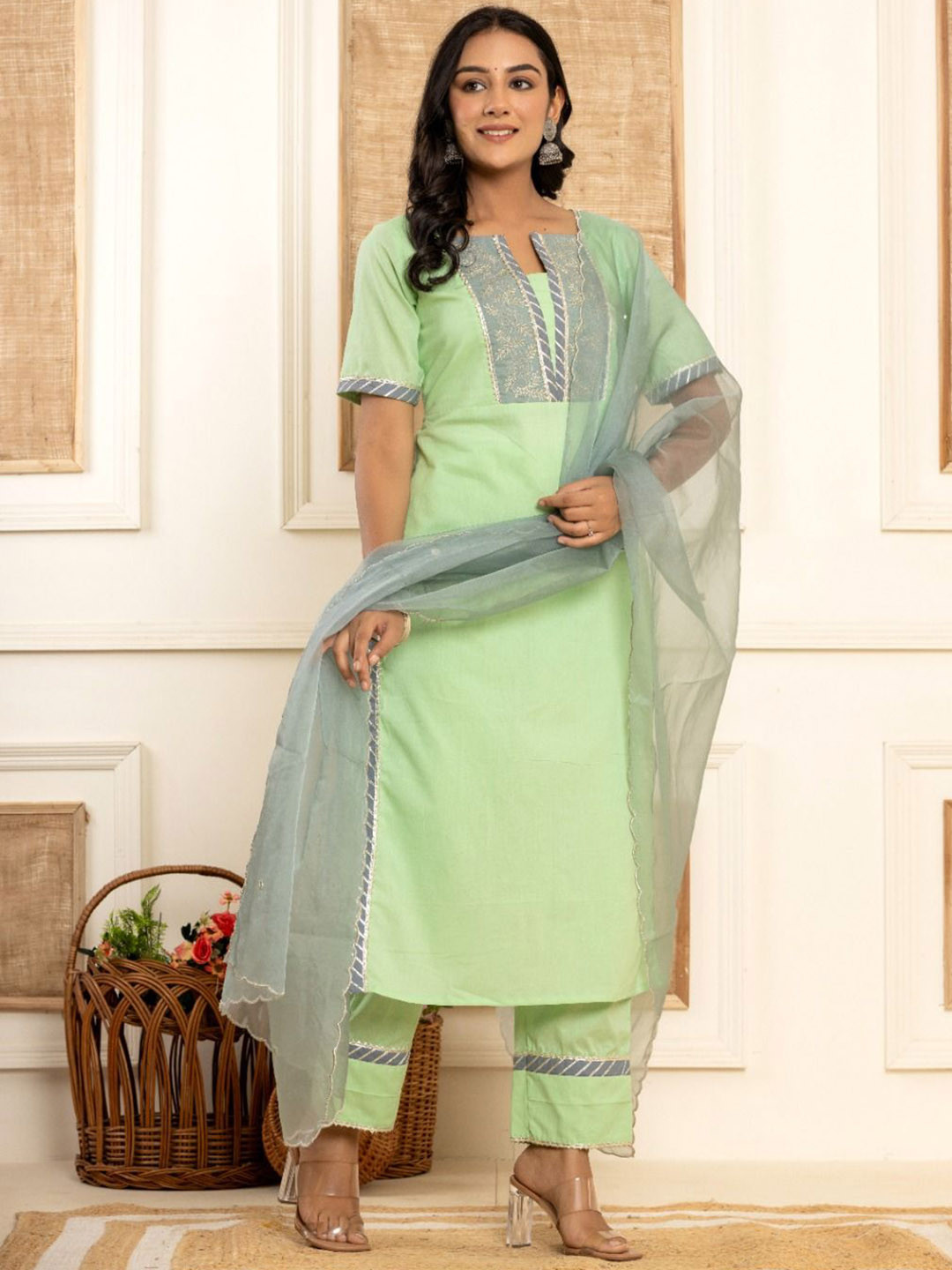 

Rouhab Floral Yoke Design Thread Work Pure Cotton Kurta with Trousers & Dupatta, Green