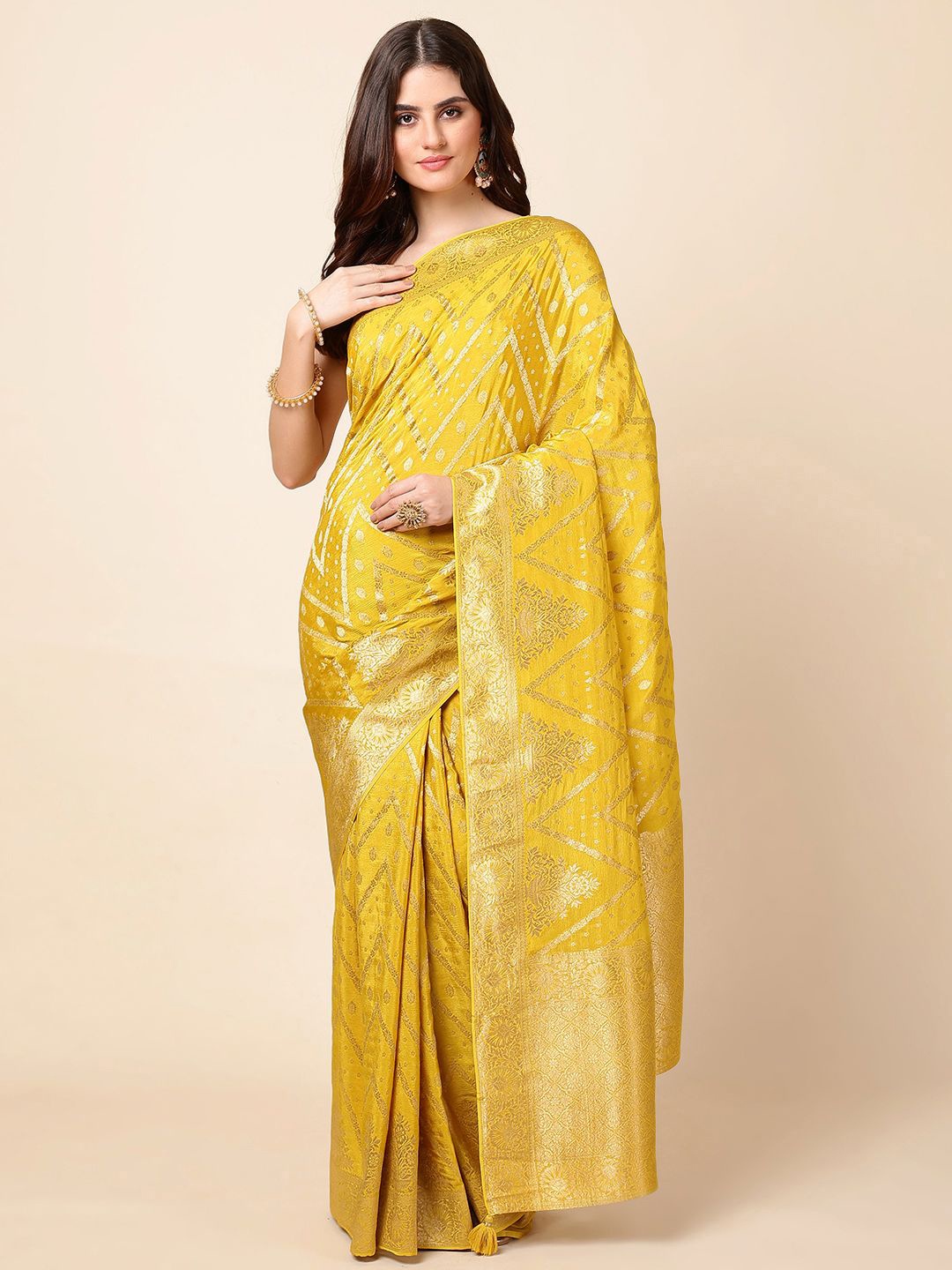 

Meena Bazaar Poly Crepe Woven Design Zari Festive Saree, Yellow