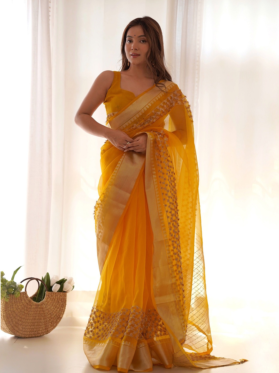 

KALINI Khadi Organza Floral Sequined Traditional Celebrity Saree, Yellow