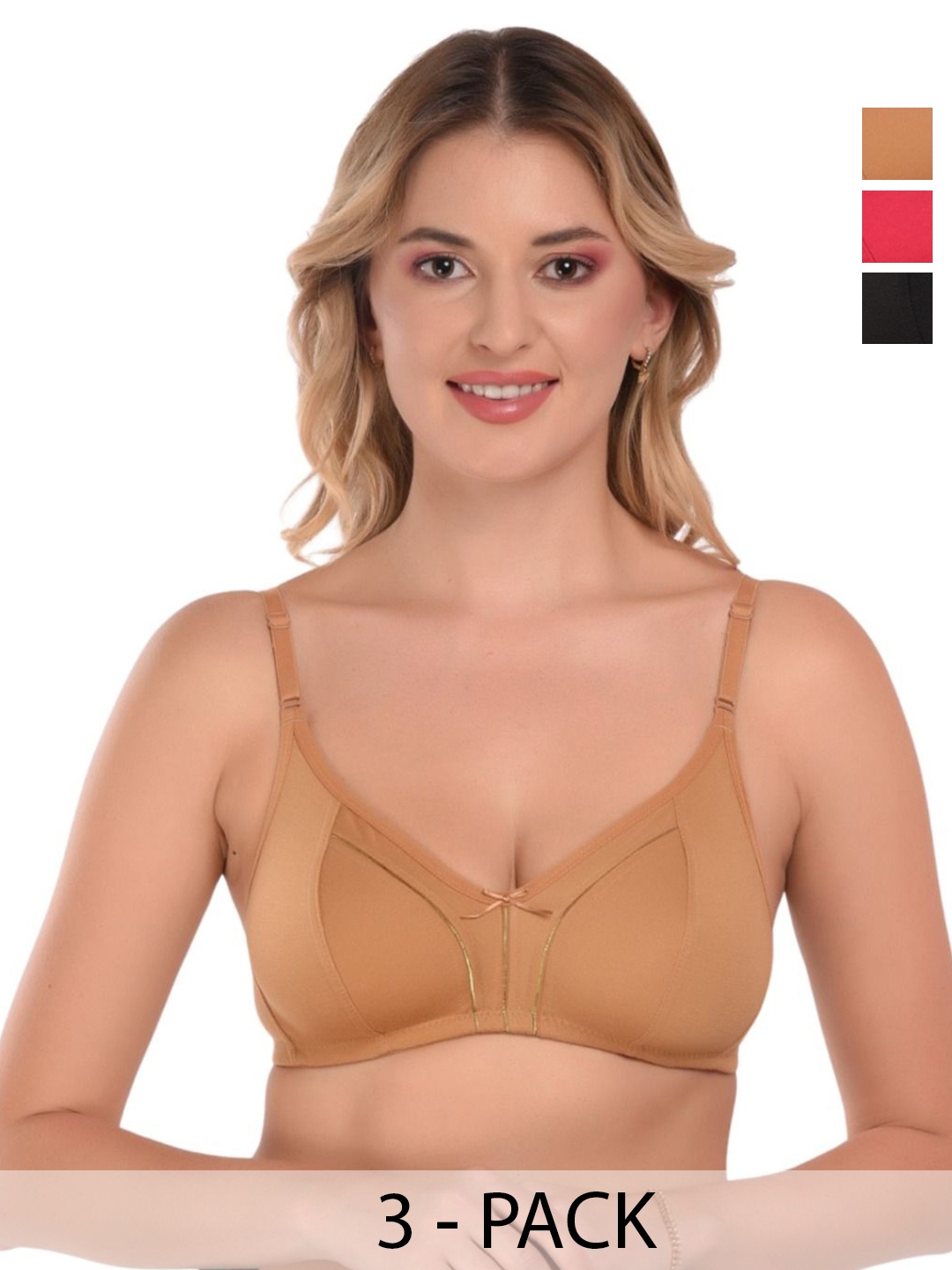 

DressBerry Women 3 Pcs Non Wired Non Padded Medium Coverage Tshirt Bra, Black