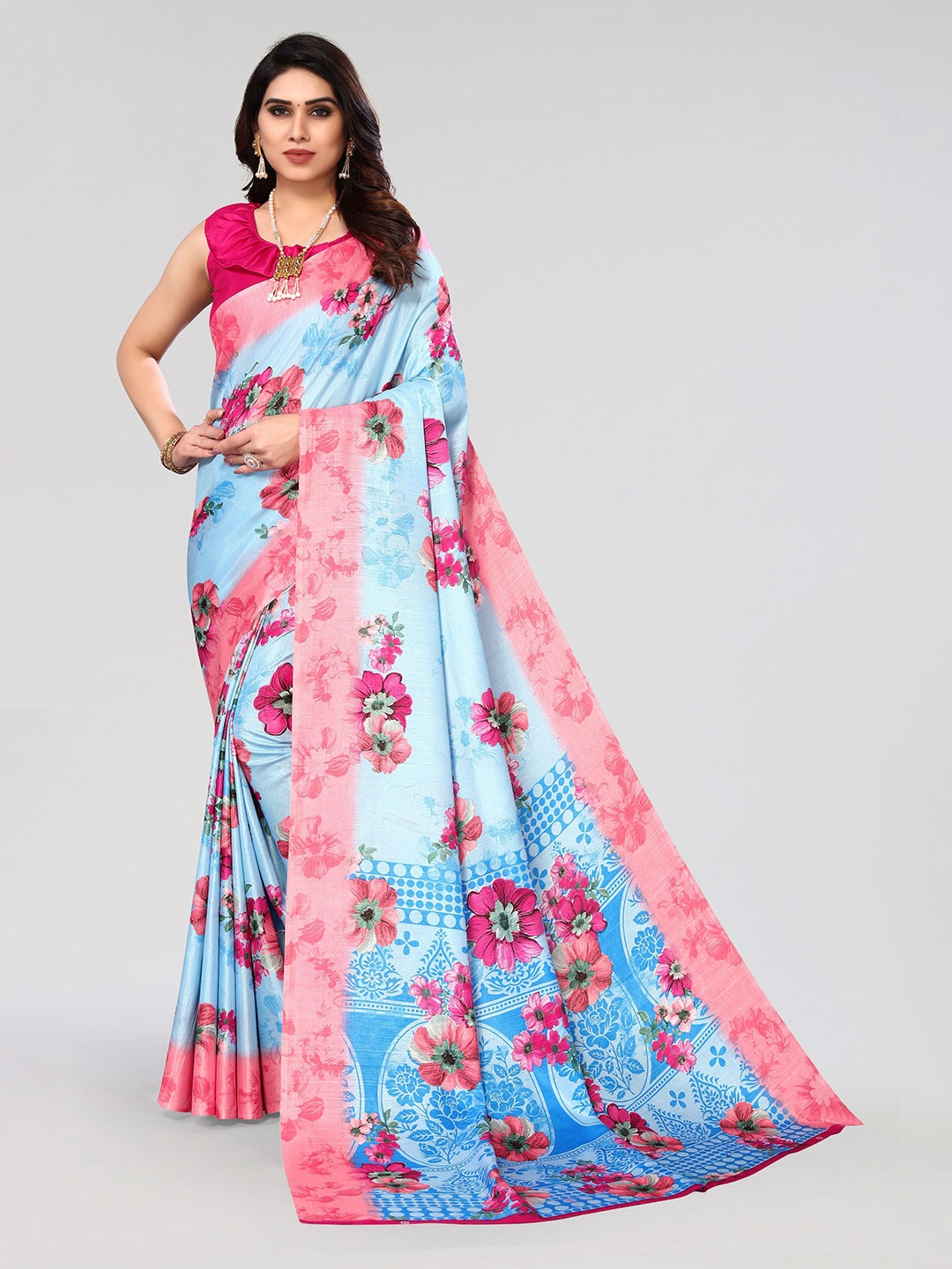 

VIRICA Floral Pure Cotton Khadi Saree, Blue