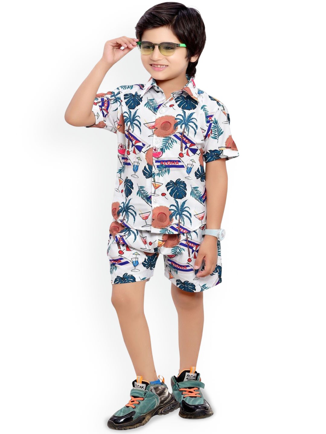 

BAESD Printed Pure Cotton Shirt with Shorts, White