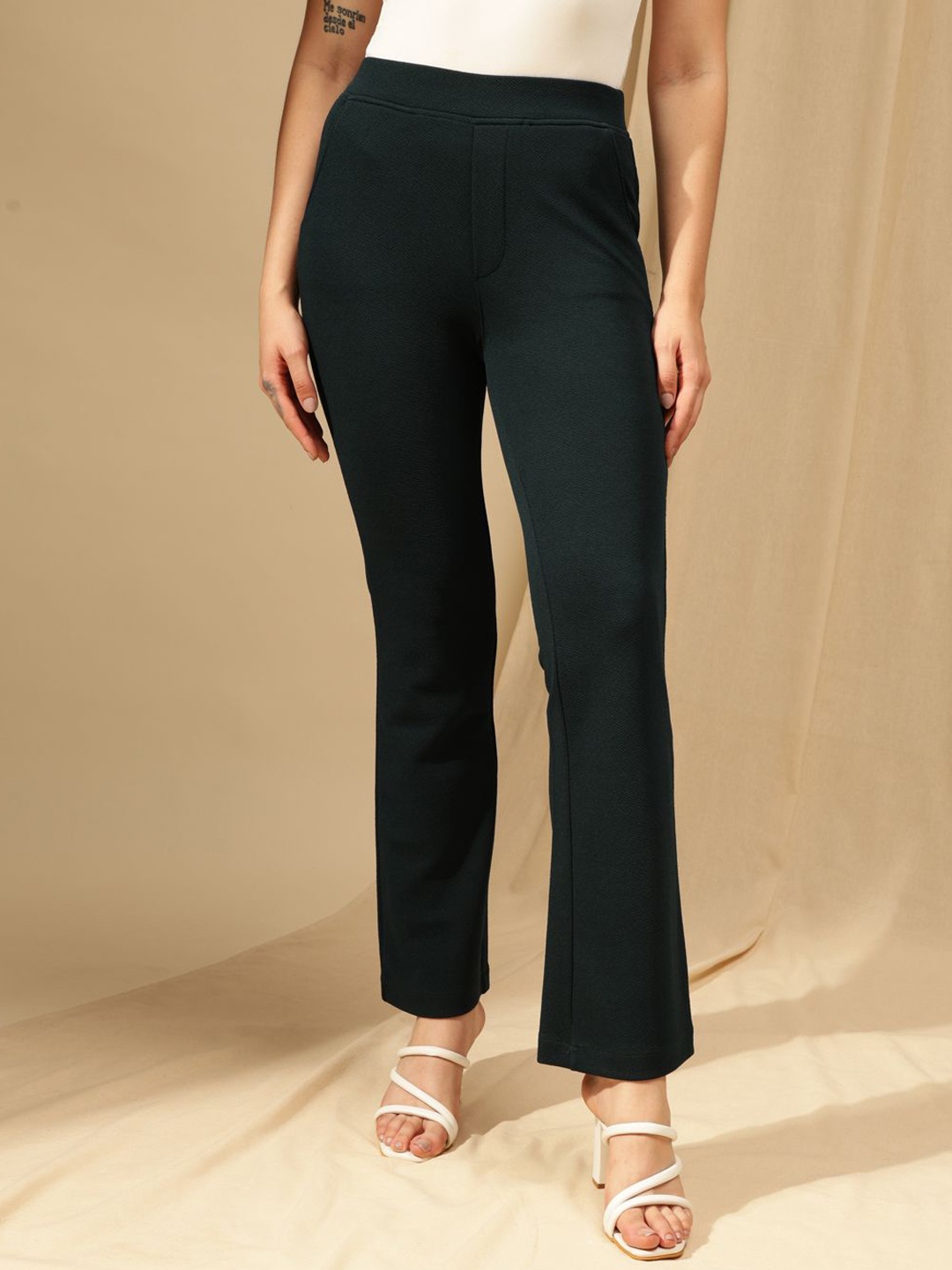 

Xpose Women Comfort Flared High-Rise Trousers, Green