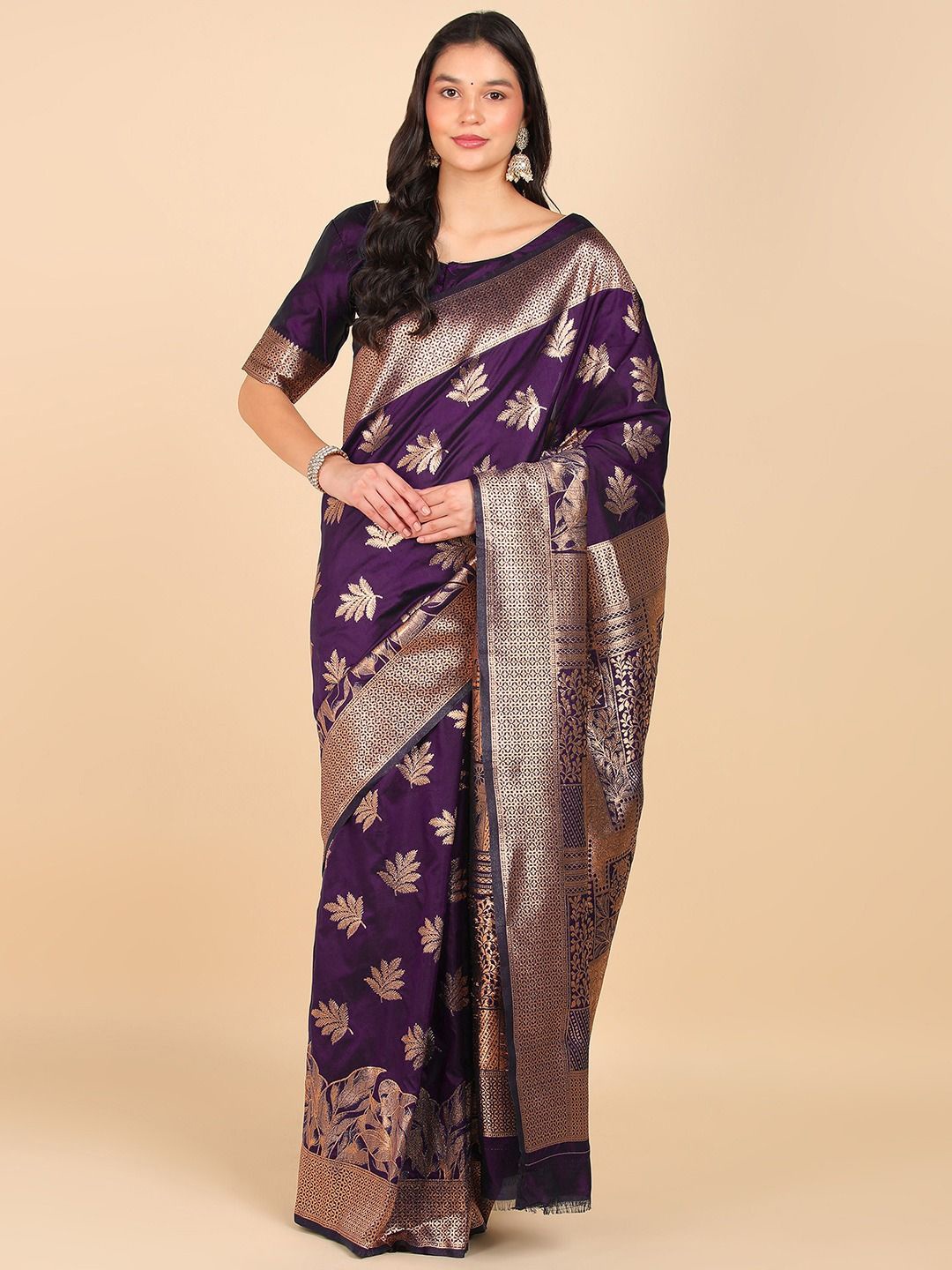 

LEAFFEB Woven Design Zari Pure Silk Banarasi Saree, Burgundy