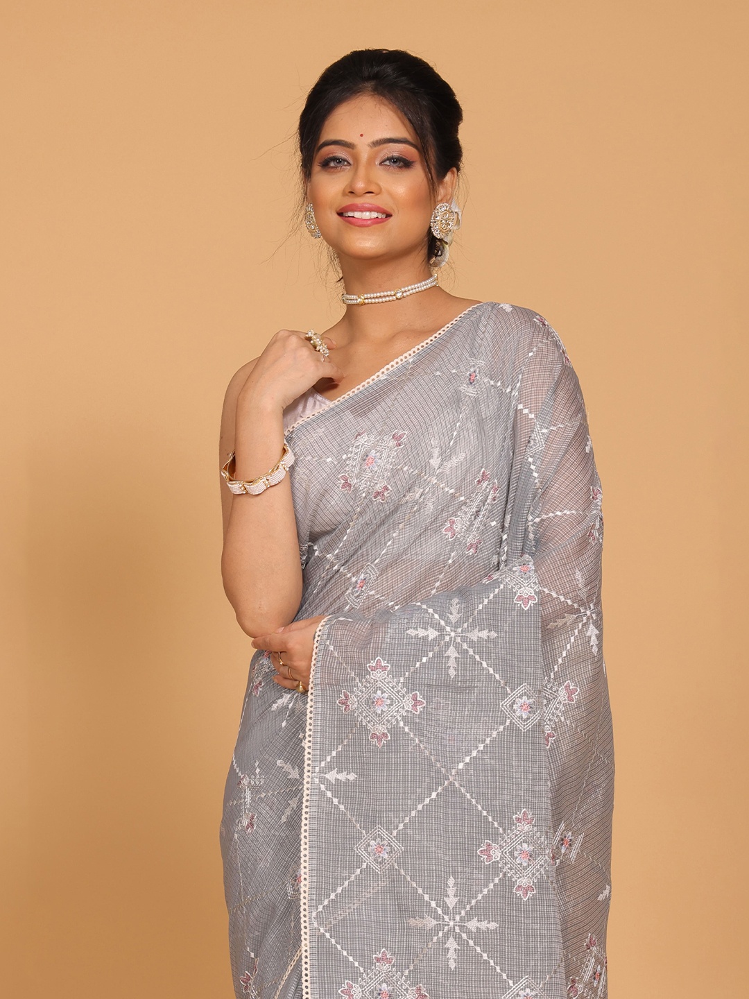 

Morchari Pure Cotton Geometric Embroidered Daily Saree, Grey