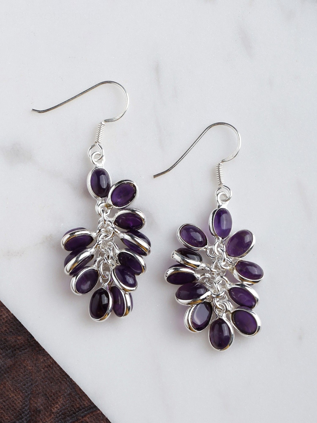 

Exotic India Amethyst Gemstone Sterling Silver Bunch Earrings, Purple