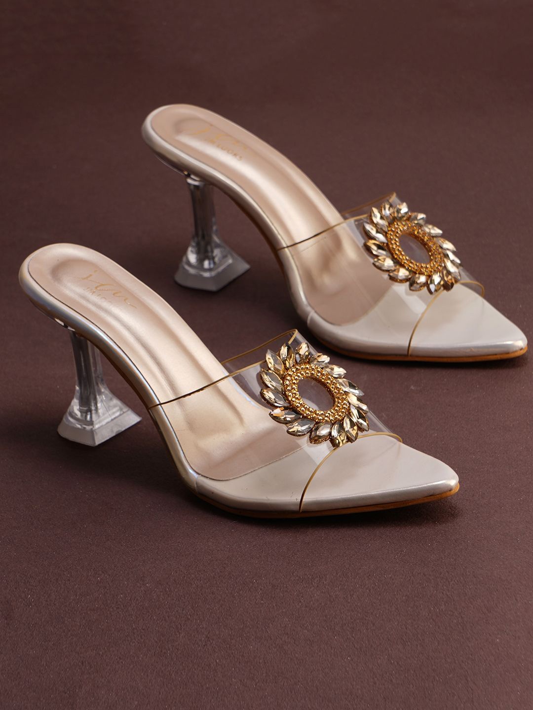 

JM Looks Women Embellished Open Toe Block Mules, Gold