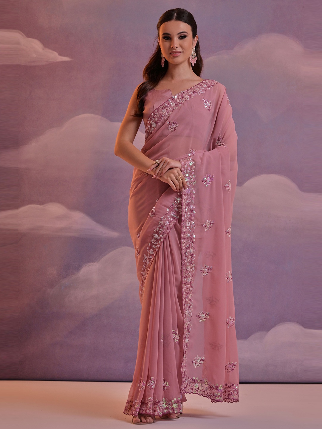

Globon Impex Embellished Sequinned Pure Georgette Saree, Mauve
