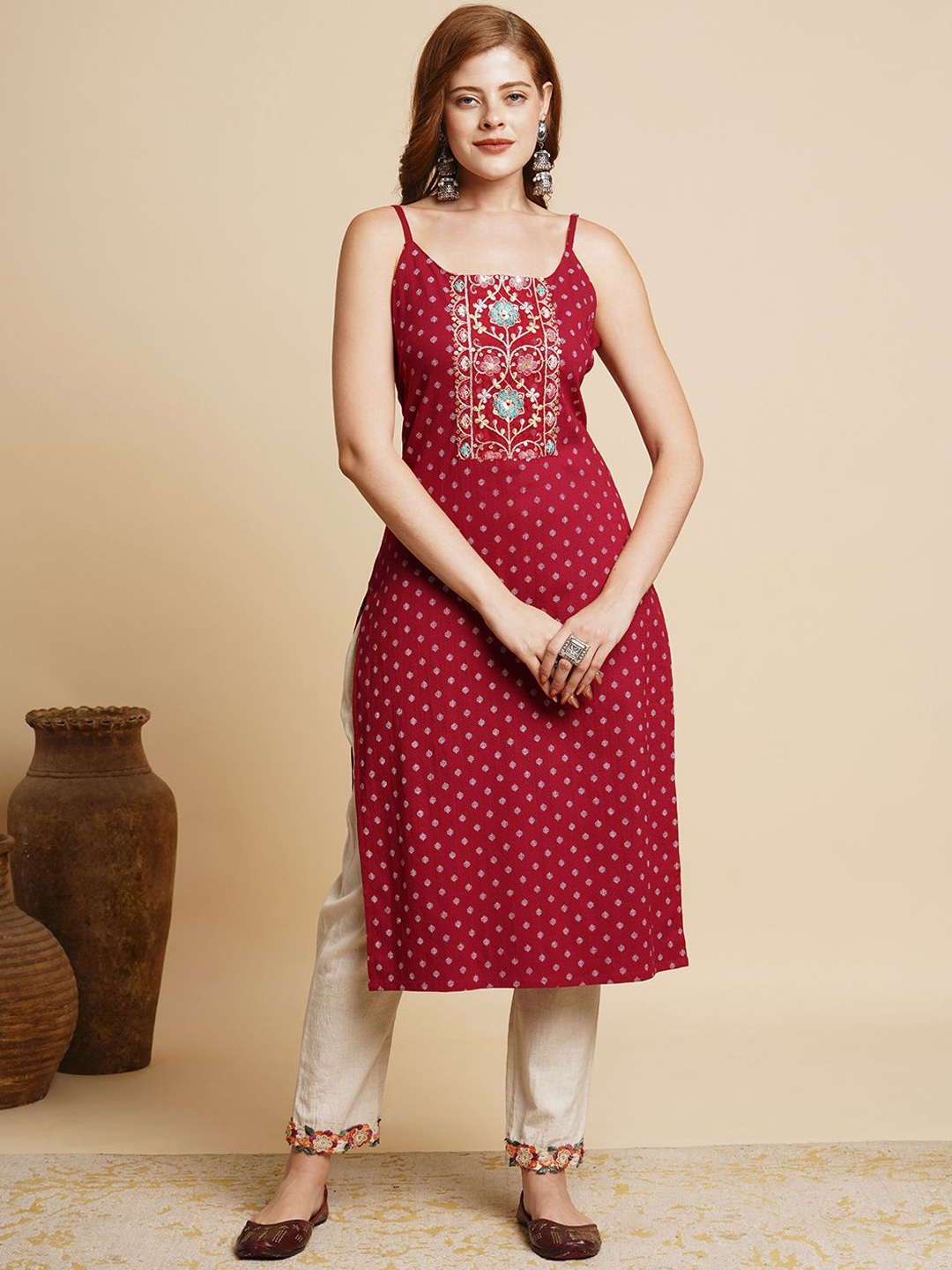 

FASHOR Women Ethnic Motifs Printed Thread Work Kurta, Maroon