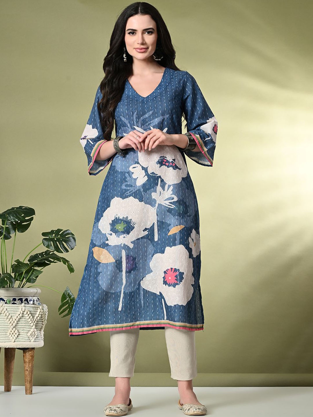 

Sangria Hakoba Printed Cotton A-Line Kurta, Blue