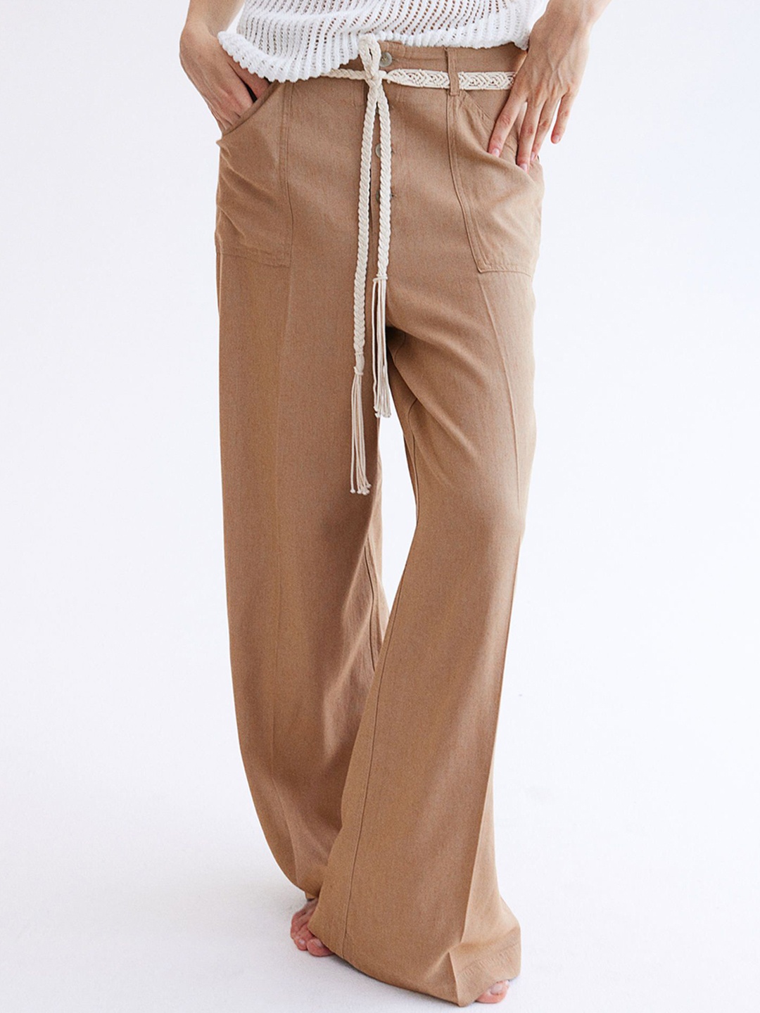 

H&M Tie-Belt Trousers, Beige