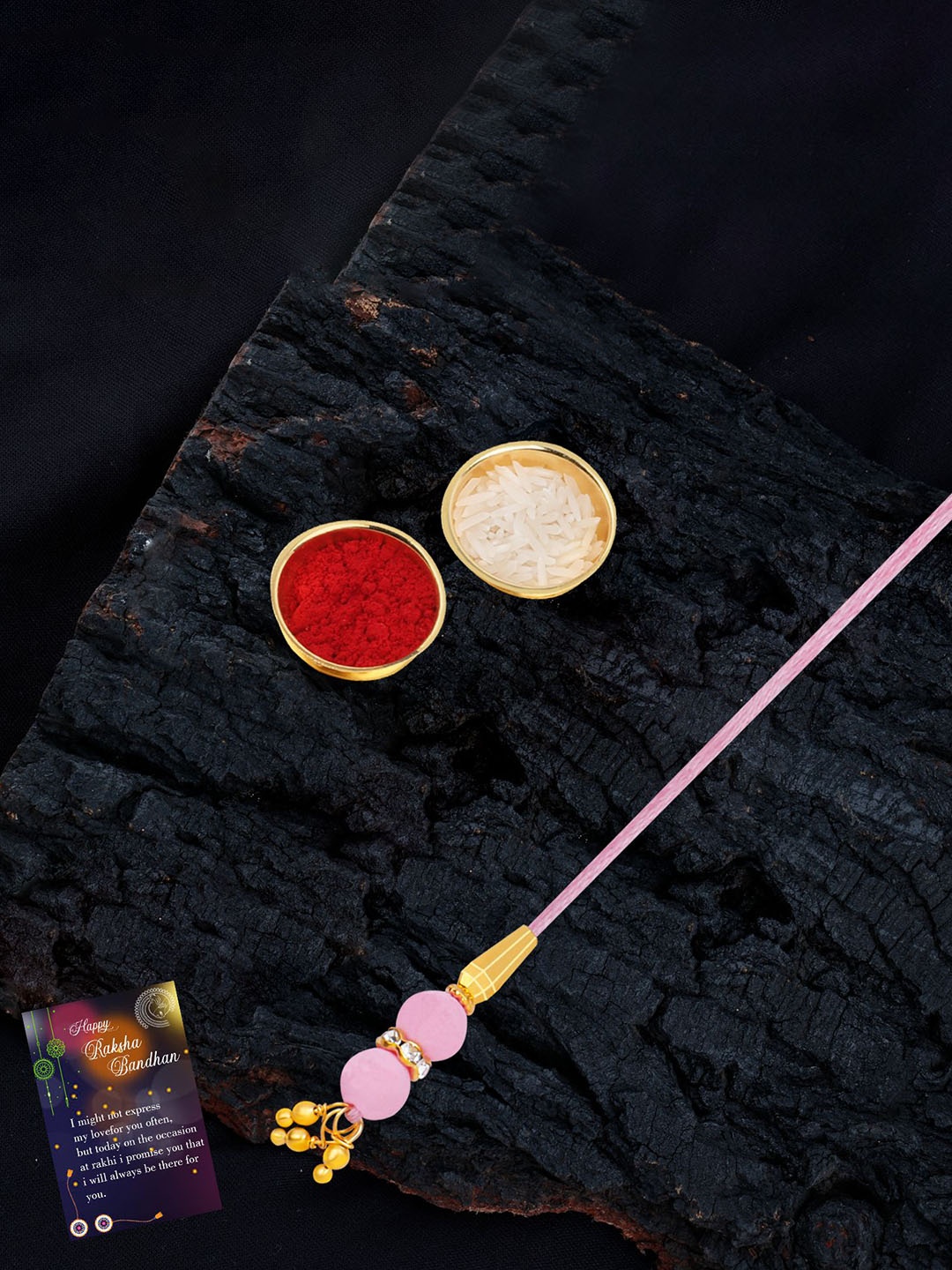 

Silver Shine Set Of 2 Rakhi With Roli Chawal Greeting Card & Pooja Thali, Multi
