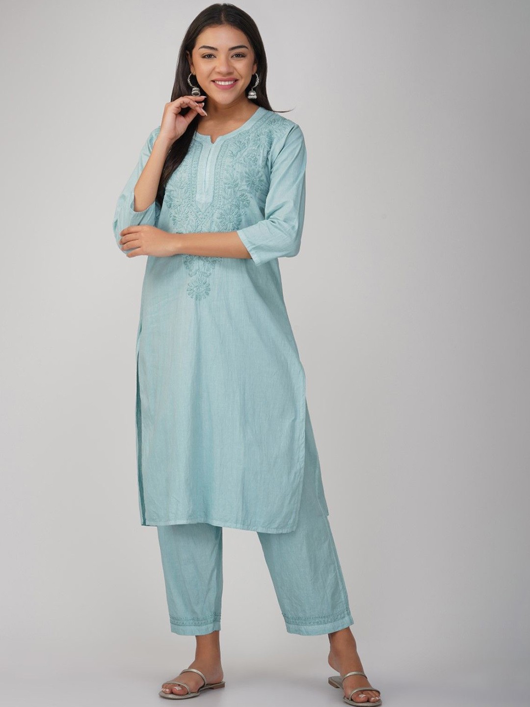 

THE VASILIKI Yoke Design Notch Neck Thread Work Pure Cotton Straight Kurta With Trousers, Blue