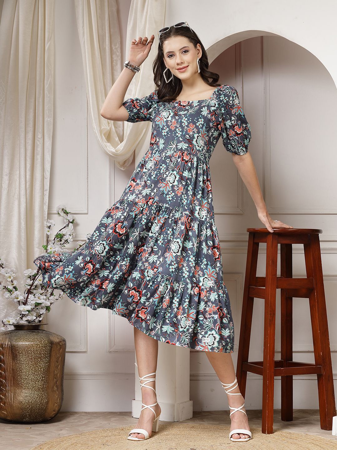 

Indibelle Floral Printed Puff Sleeves Fit and Flare Midi Dress, Grey