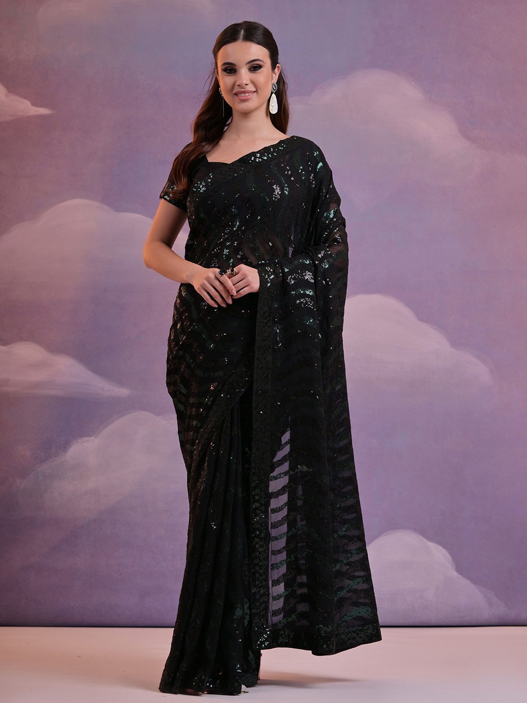 

Globon Impex Pack Of 2 Striped Sequinned Pure Georgette Saree, Black