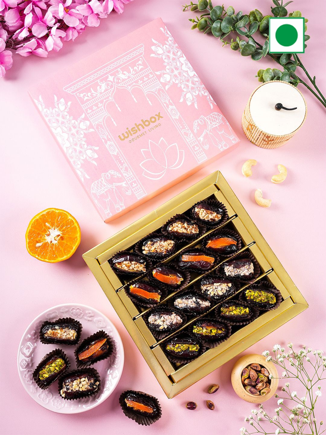 

Wishbox Rakhi Gift box Stuffed Dates Sweets, 10g Silver Coin, Rakhi, Tikka & Chawal, Brown