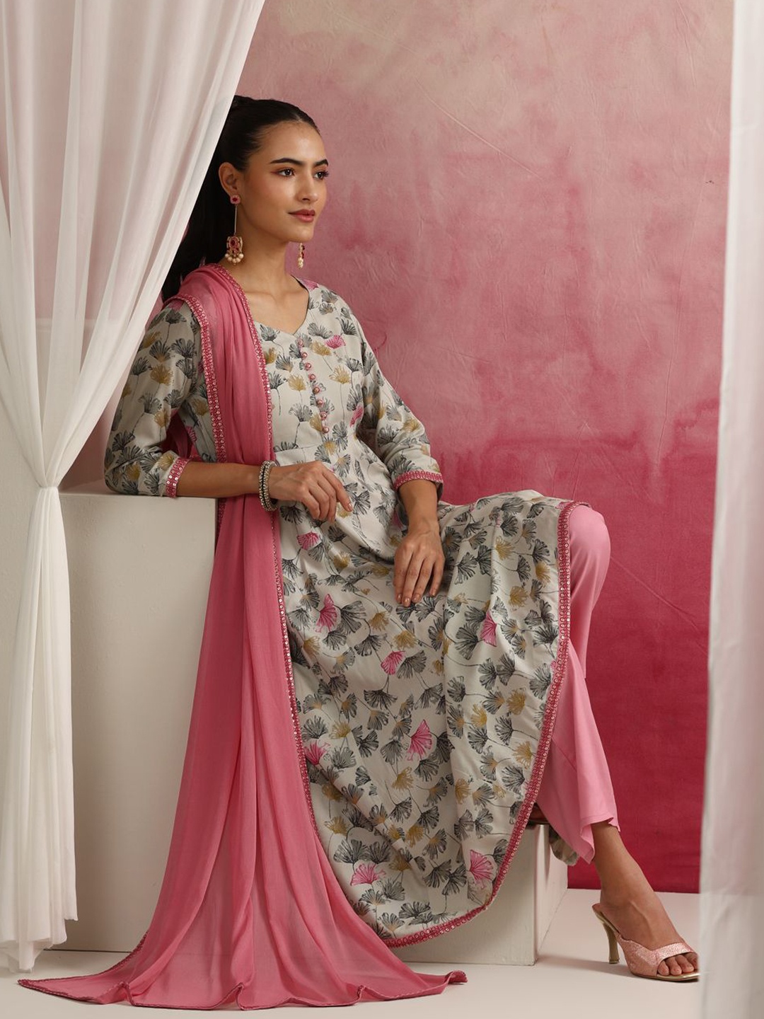 

Khushal K Floral Printed Sequinned Anarkali Kurta With Palazzos & Dupatta, Pink