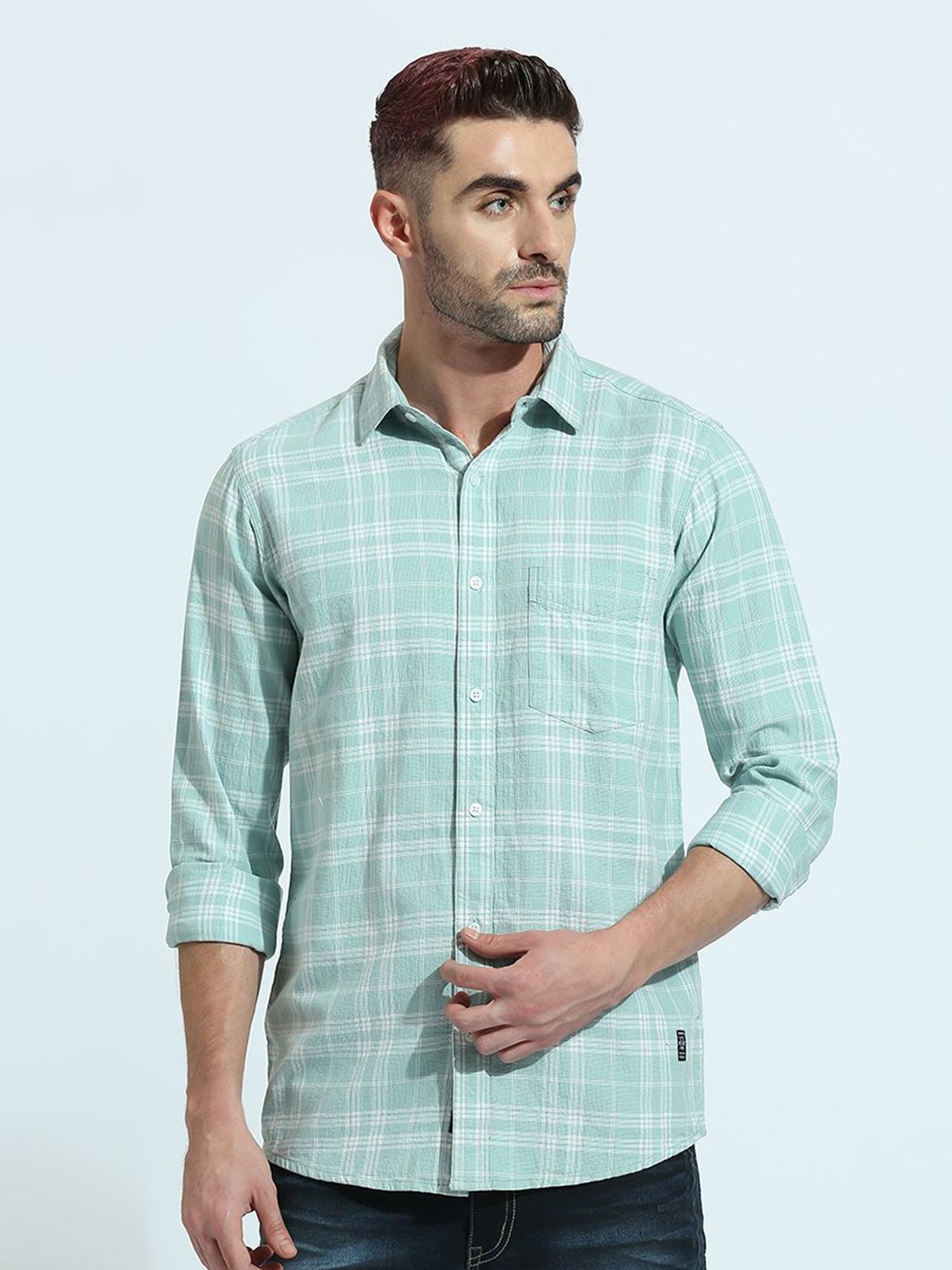 

Klub Fox Men Spread Collar Checked Cotton Slim Fit Casual Shirt, Sea green