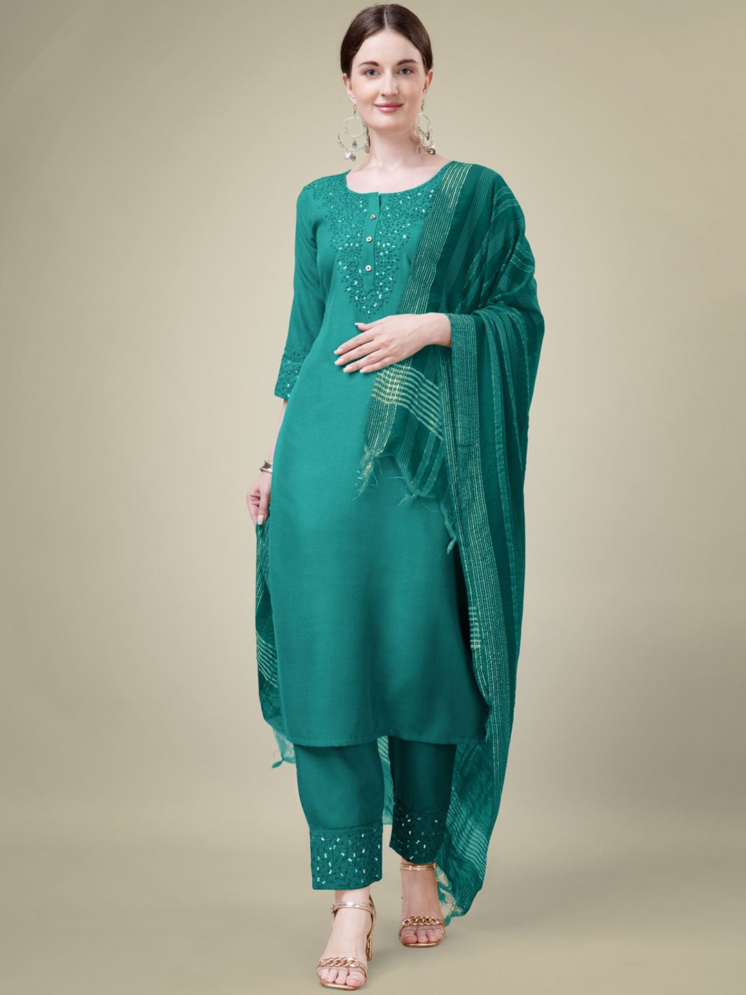 

Rujave Women Embroidered Regular Sequinned Kurta with Trousers & With Dupatta, Green