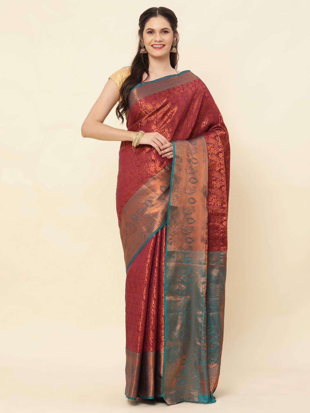 

High Five Tex Ethnic Motif Zari Woven Pure Silk Kanjeevaram Saree, Maroon