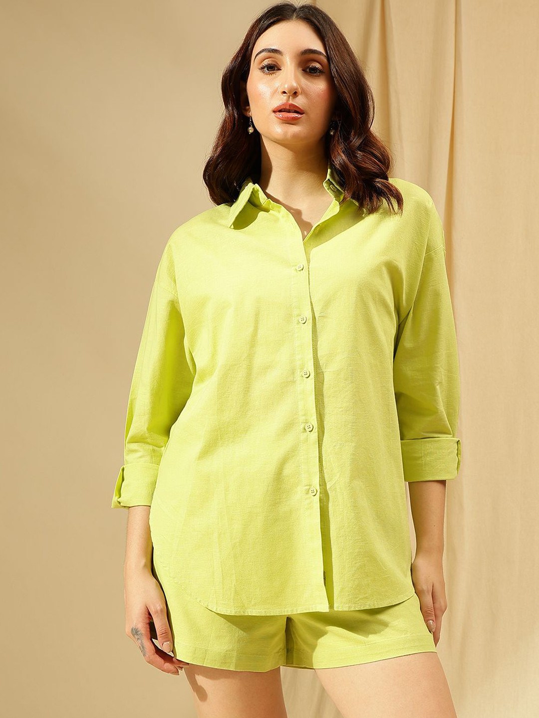 

Xpose Long Sleeves Pure Cotton Shirt With Shorts, Green