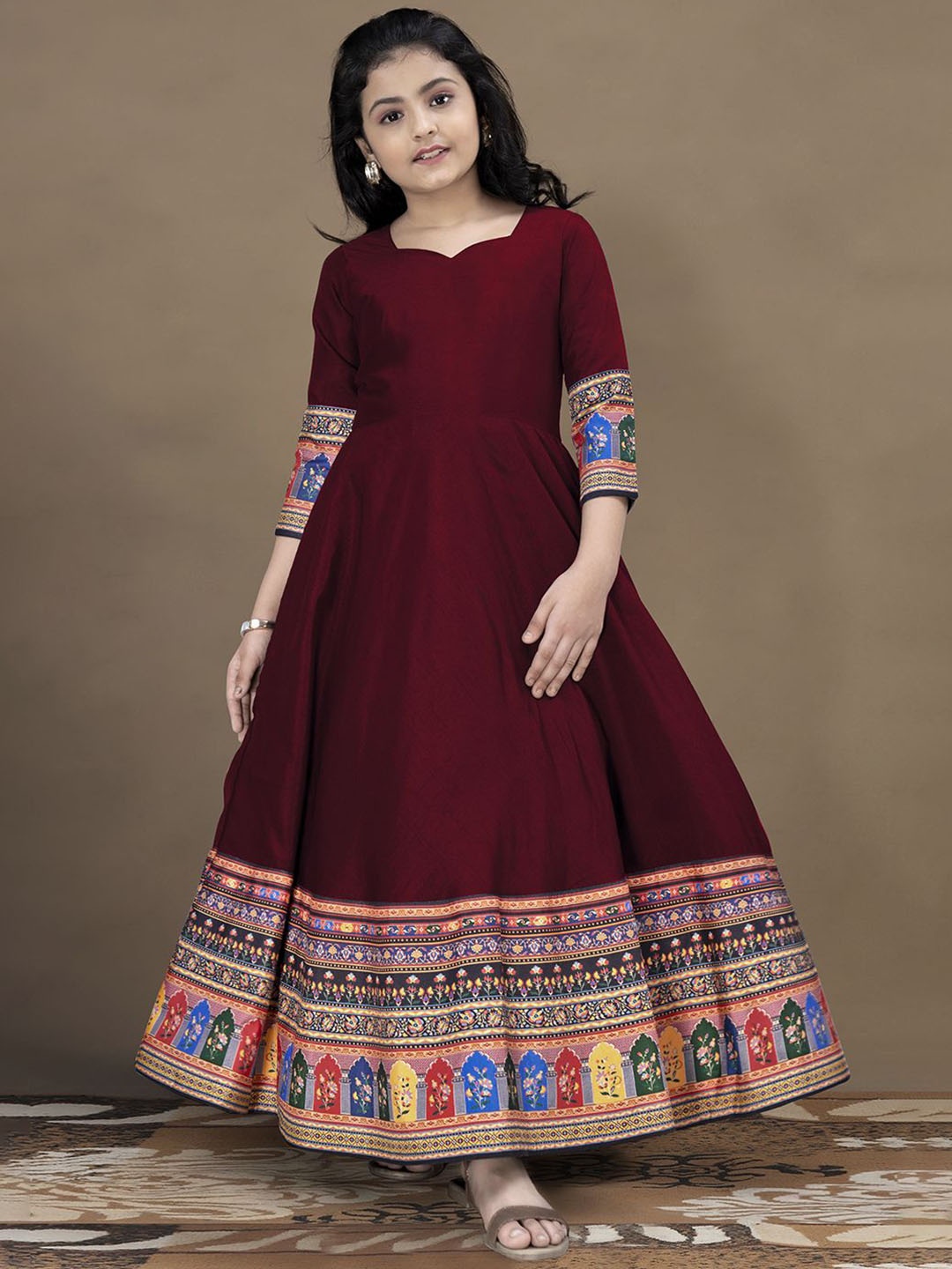 

FASHION DREAM Girls Ethnic Motifs Printed Flared Maxi Ethnic Dresses, Maroon