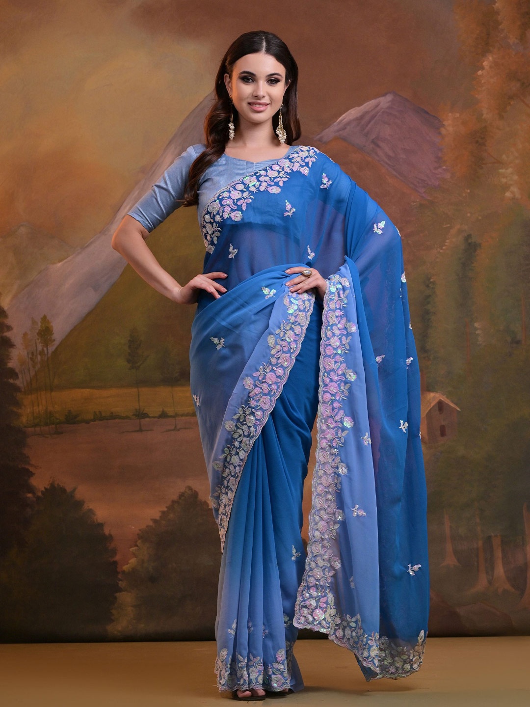 

Globon Impex Pack of 2 Embellished Sequinned Pure Georgette Saree, Blue