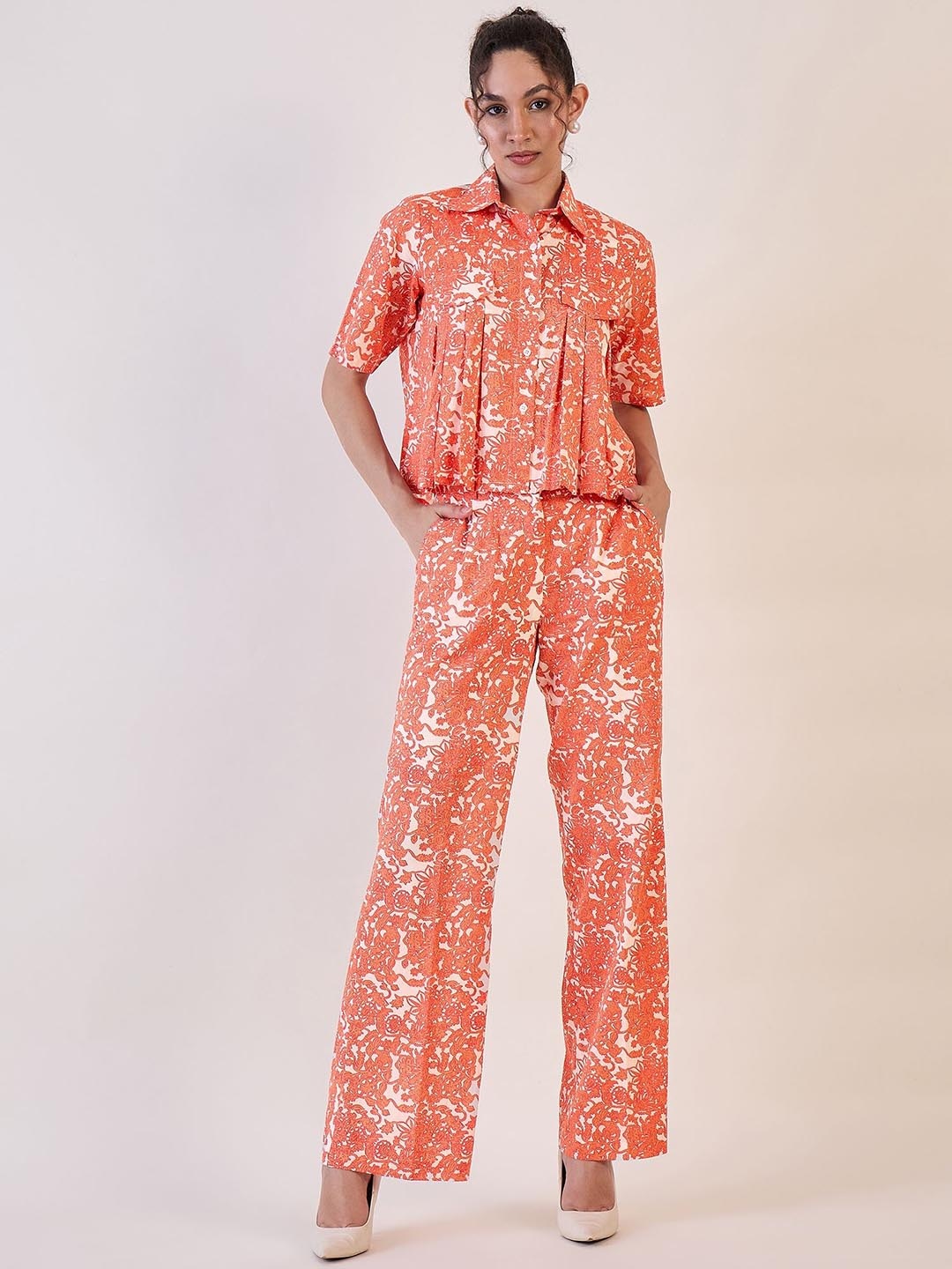 

PowerSutra Floral Printed Cotton Shirt With Trousers Co-Ords, Orange