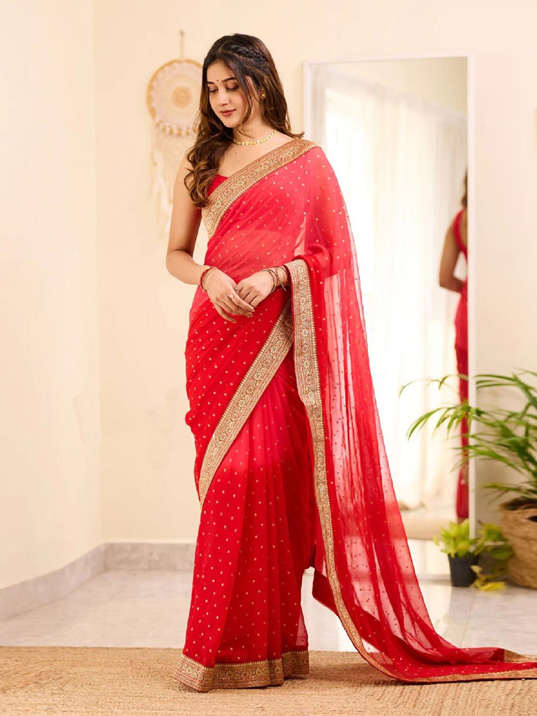 

LADY SHOPI Woven Design Pure Georgette Saree, Red
