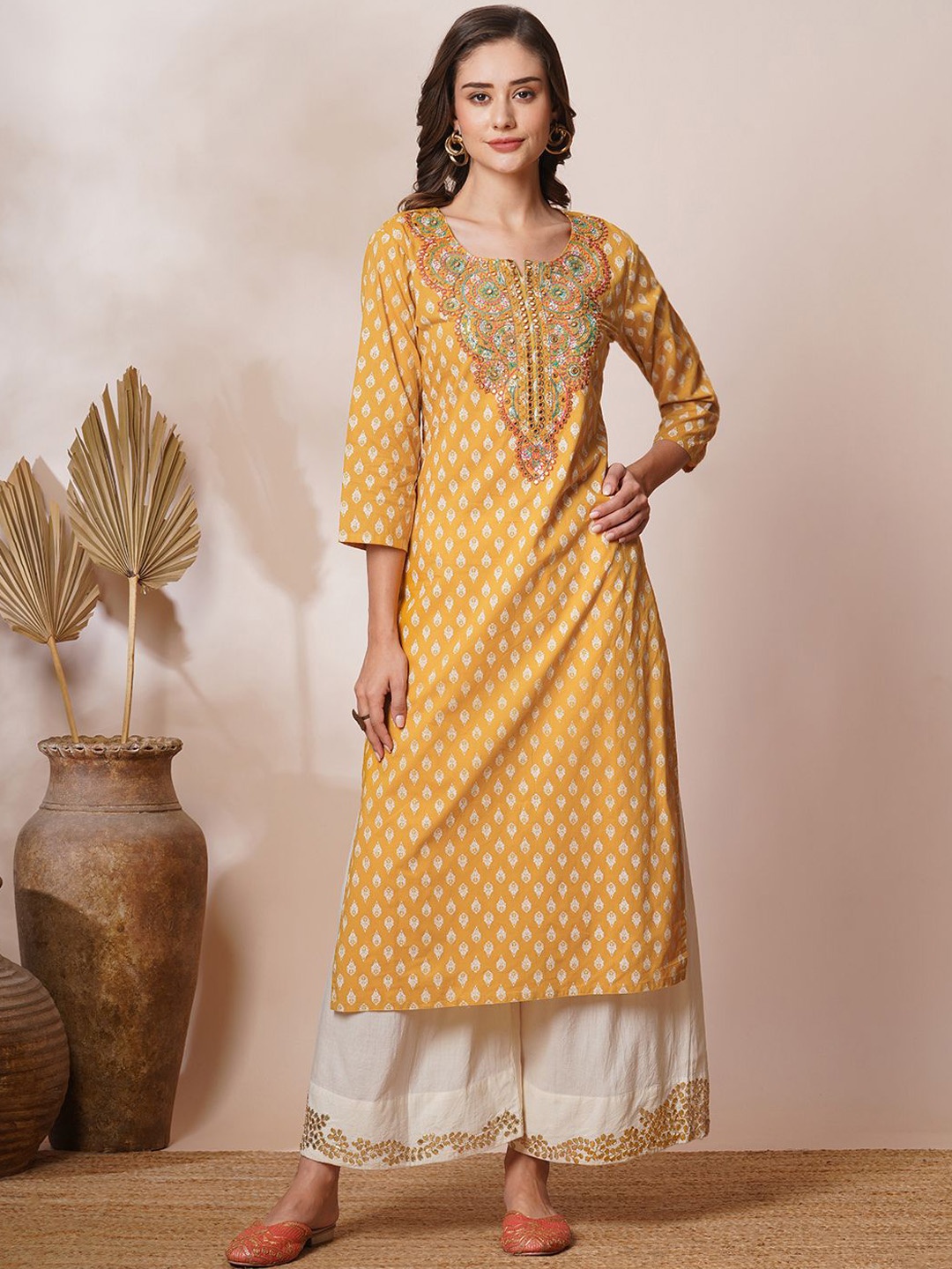 

FASHOR Women Ethnic Motifs Printed Thread Work Kurta, Mustard