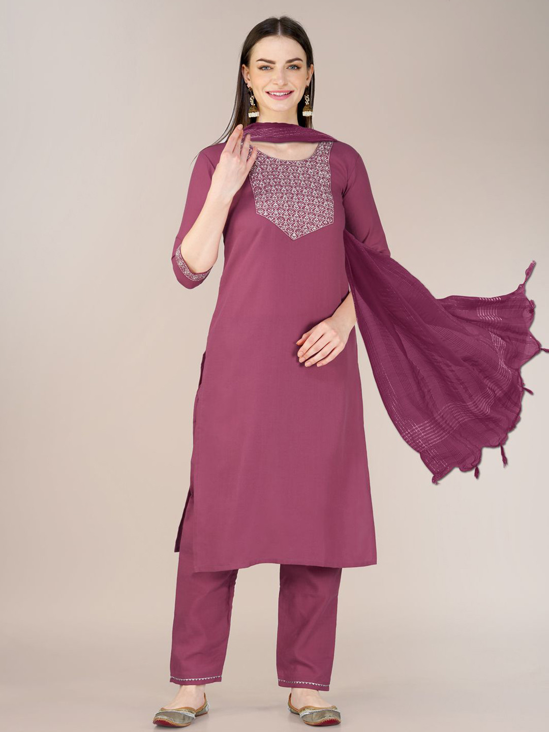 

Rujave Women Paisley Embroidered Regular Sequinned Kurta with Trousers & With Dupatta, Purple