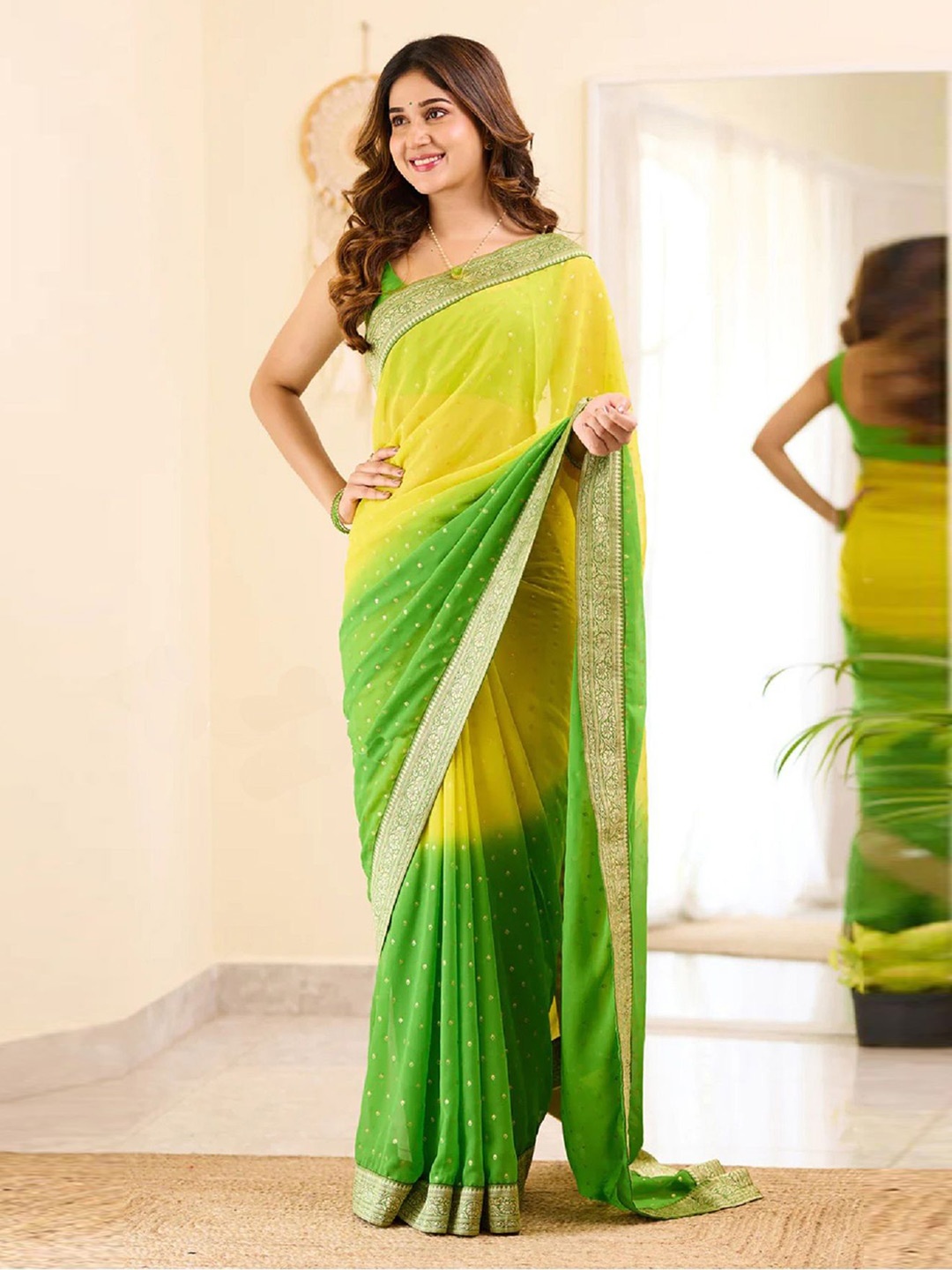 

LADY SHOPI Pure Georgette Ombre Woven Design Festive Saree, Green