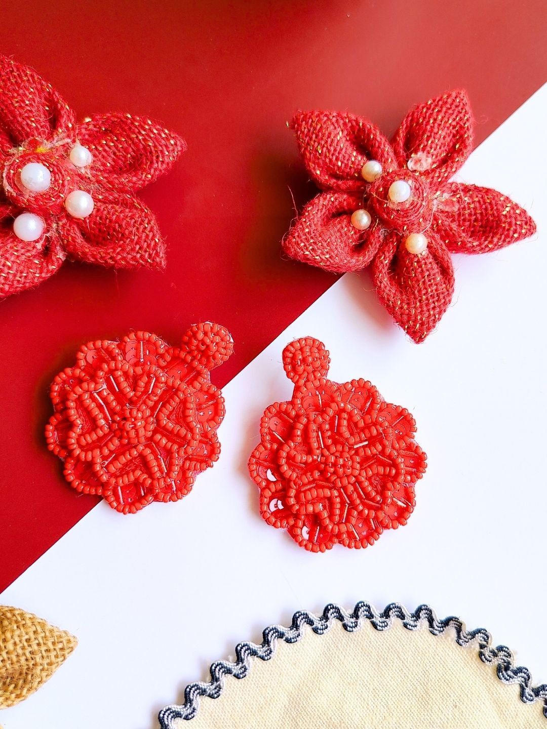 

Sangria Beaded Floral Drop Earrings, Red