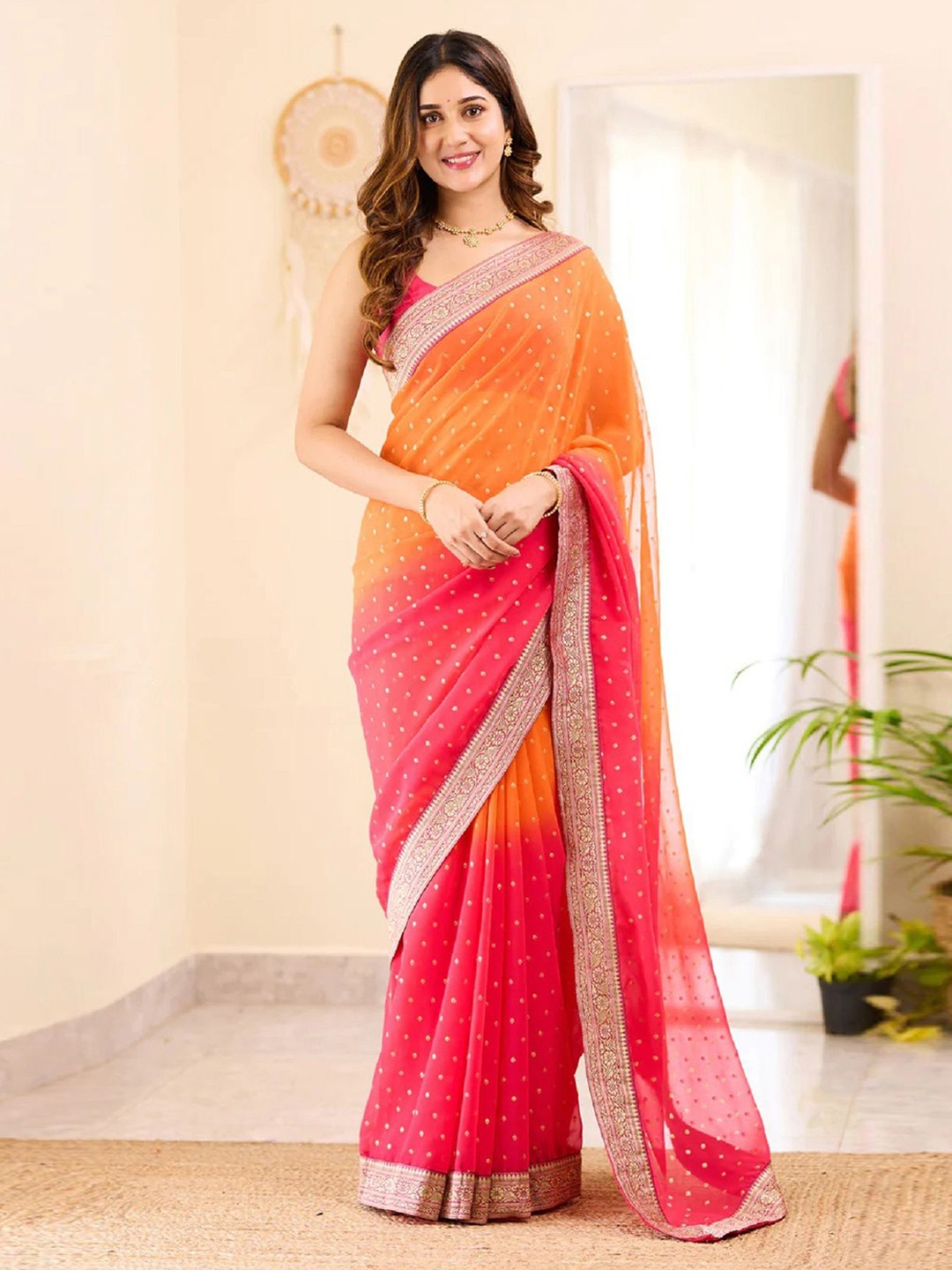 

LADY SHOPI Zari Woven Pure Georgette Ombre Saree, Orange