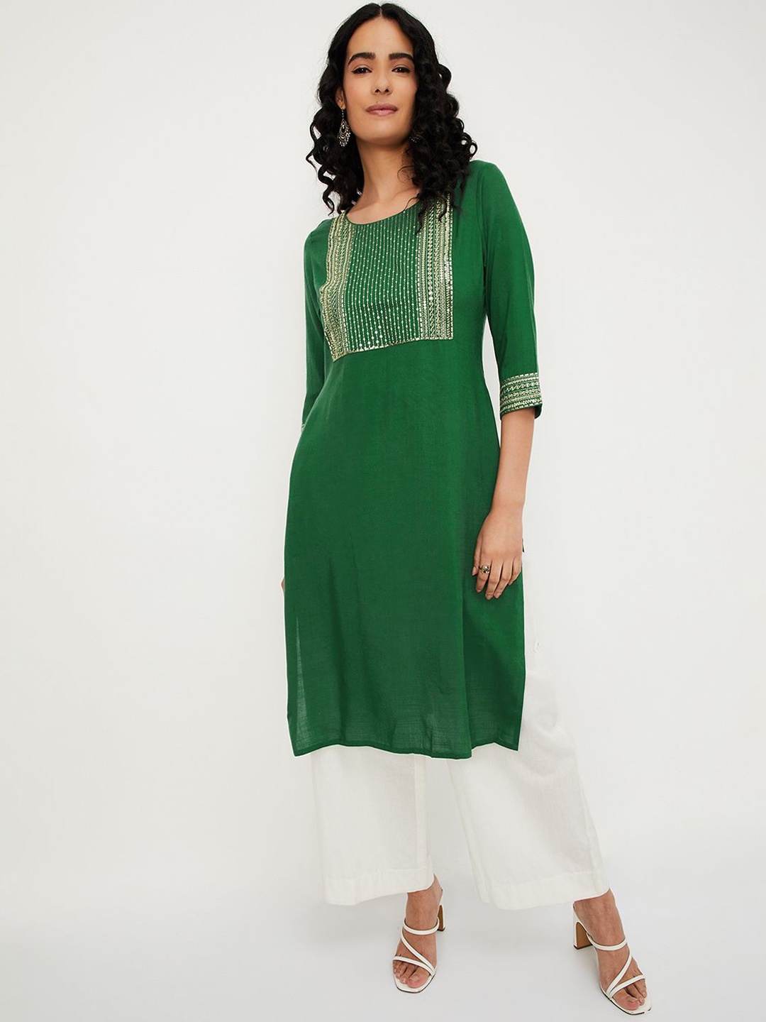 

max Women Striped Thread Work Kurta, Green