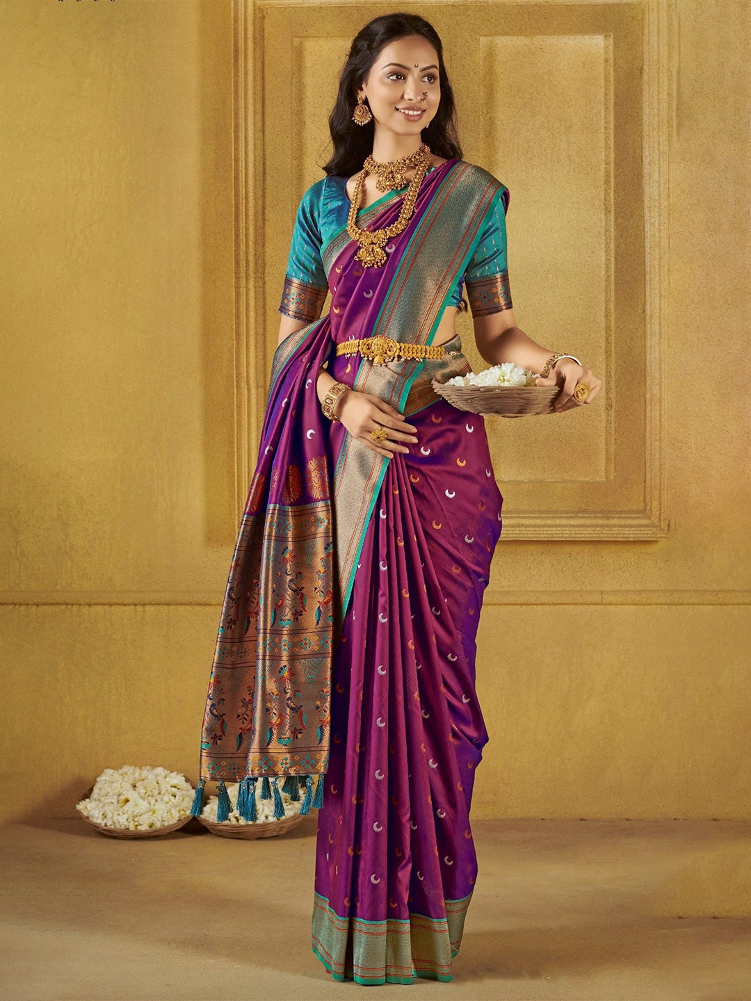 

MySilkLove Paithani Silk Blend Woven Design Zari Traditonal Saree, Purple