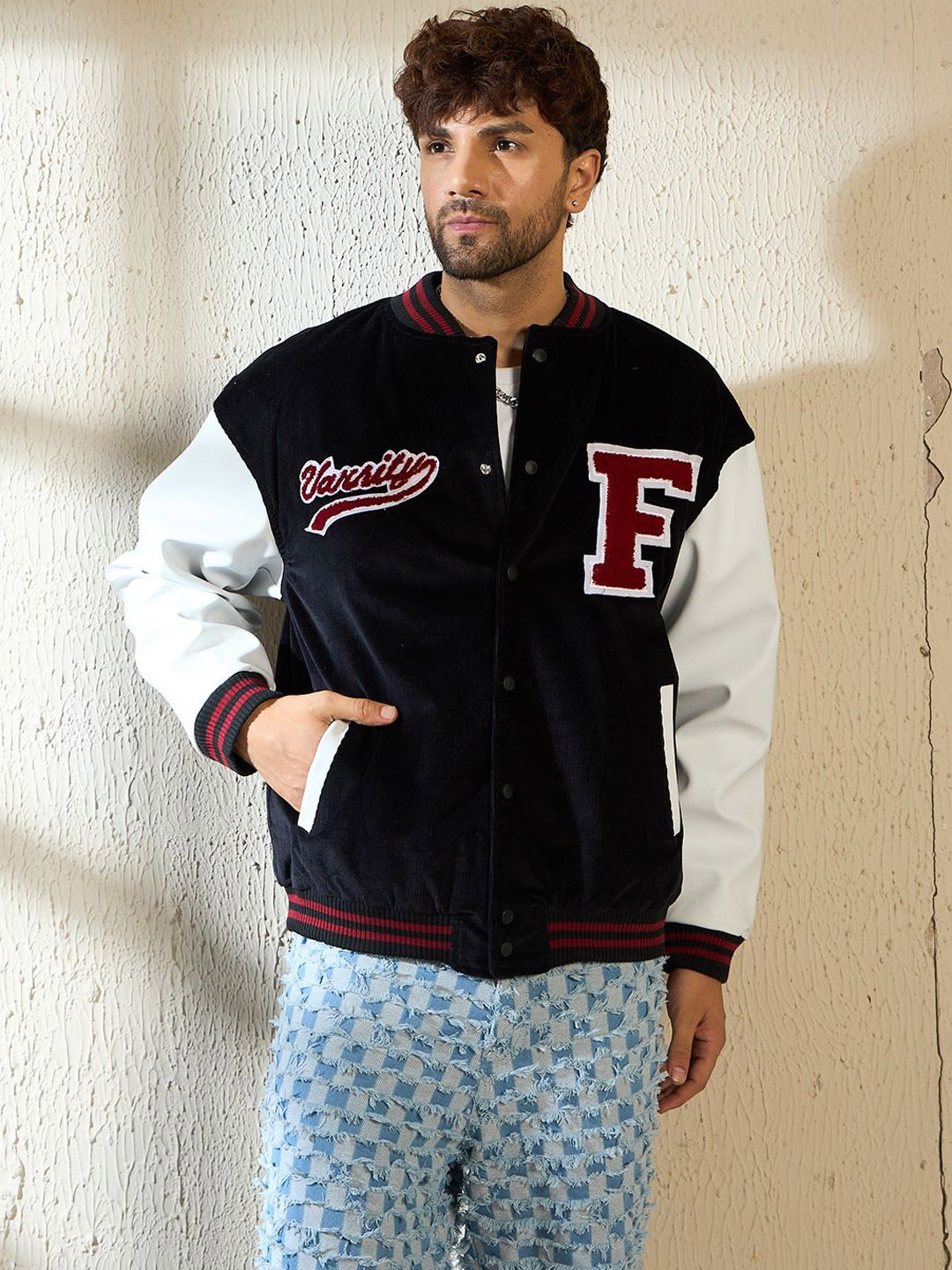

FUGAZEE Men Striped Corduroy Bomber with Embroidered Jacket, Black