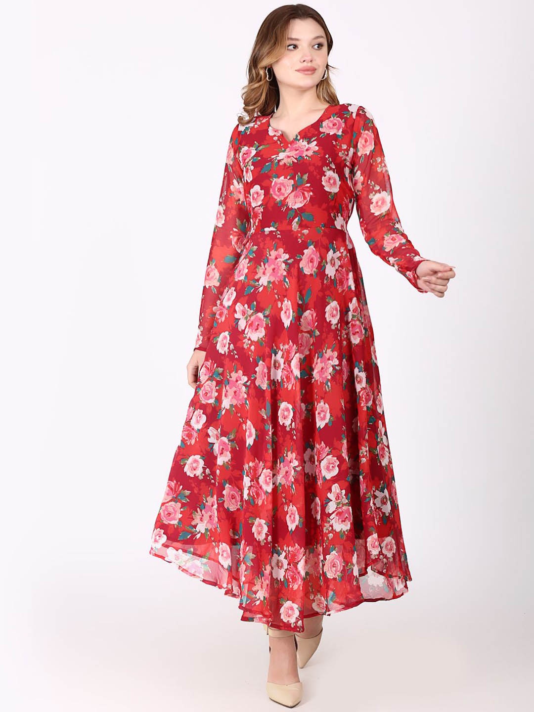 

Tulip Eden Women Quirky Printed Flared Sleeves Chikankari Anarkali Kurta, Red