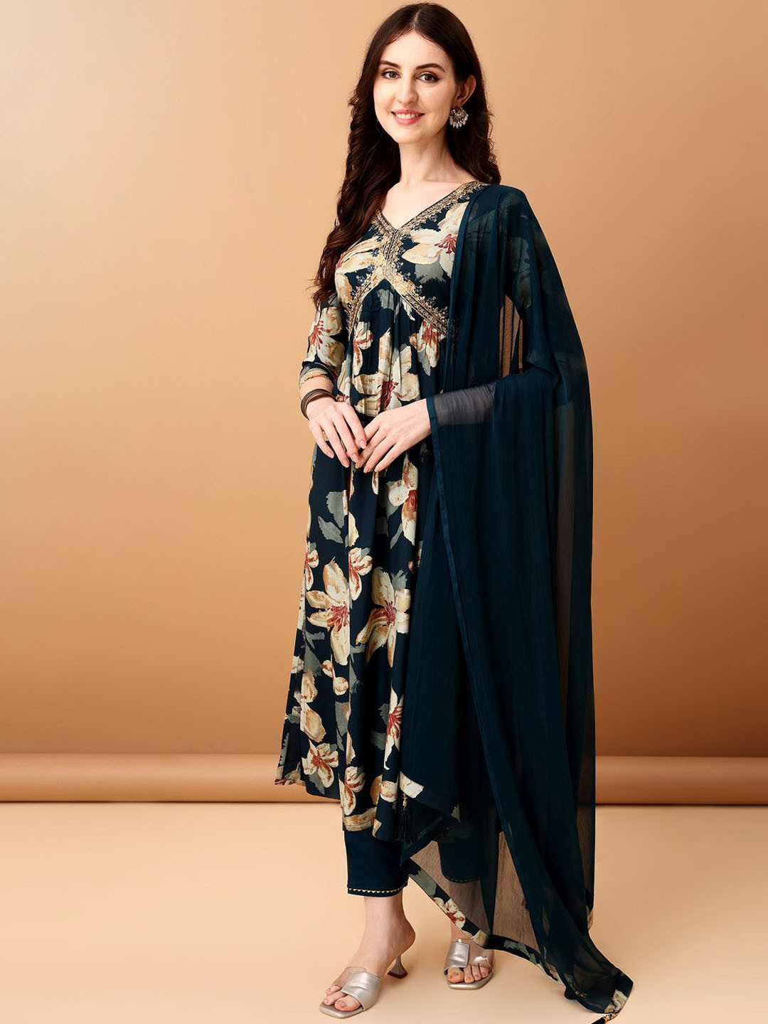 

KALINI Women Floral Printed Pleated Thread Work Kurta with Trousers & With Dupatta, Teal