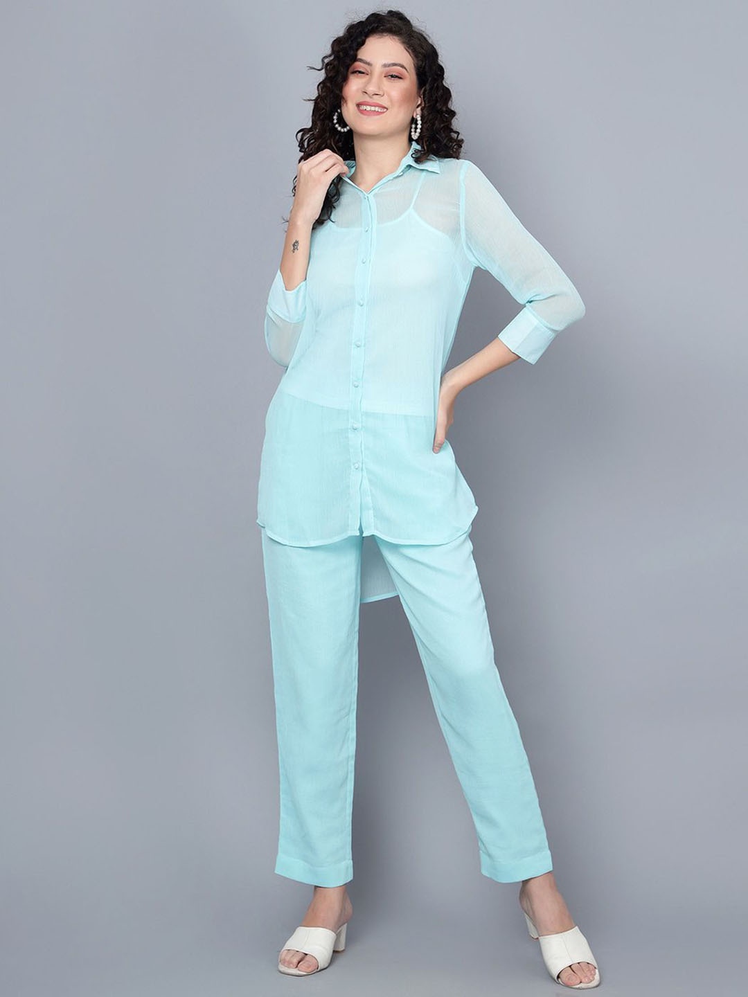

ANVI Be Yourself 3-Pcs Collared Shirt With Camisole & Trouser Co-Ords, Turquoise blue