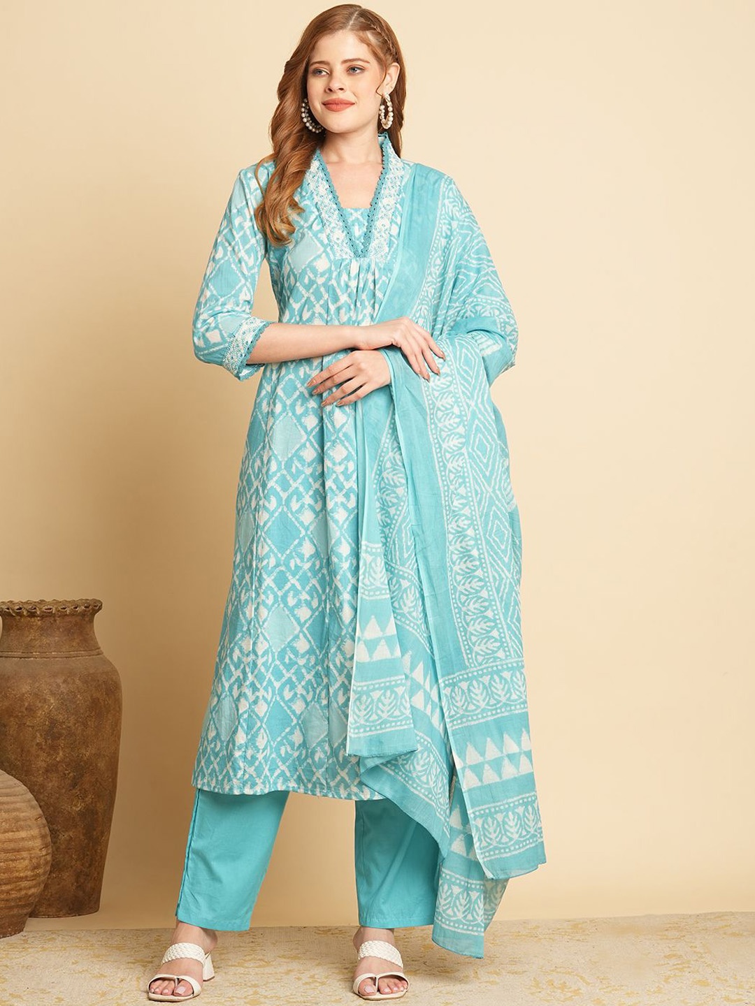 

FASHOR Women Ethnic Motifs Printed Panelled Mirror Work Pure Cotton Kurta with Trousers & With Dupatta, Blue