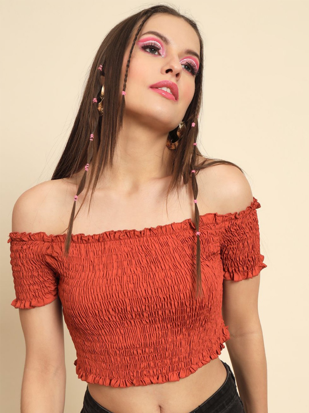 

TANDUL Off-Shoulder Crepe Bardot Crop Top, Maroon