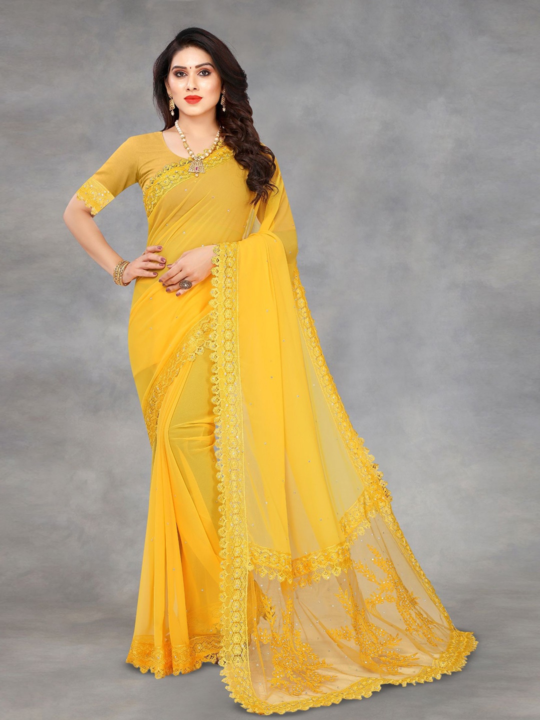 

LADY SHOPI Embellished Embroidered Pure Georgette Saree, Yellow