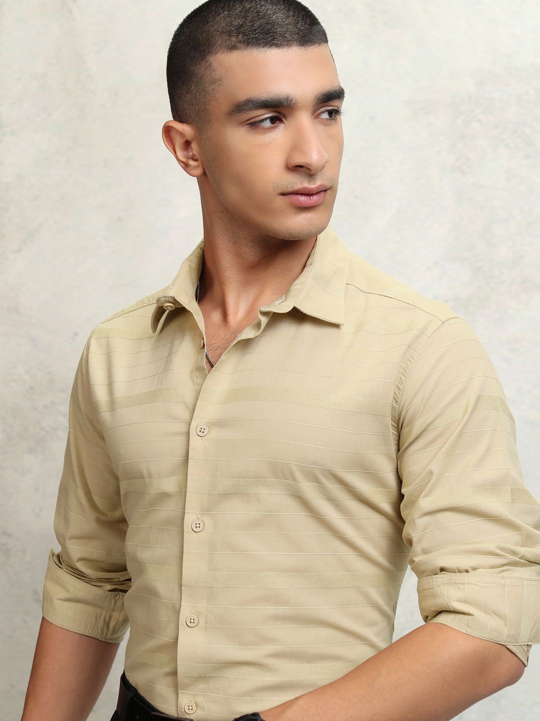 

HIGHLANDER Men Dobby Textured Solid Mui Occasion Shirt, Beige