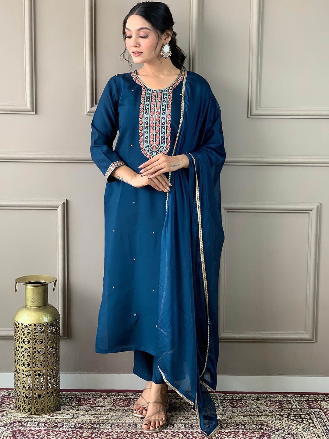 

Storebrite Floral Embroidered Thread Work Chanderi Silk Kurta with Trousers & Dupatta, Blue