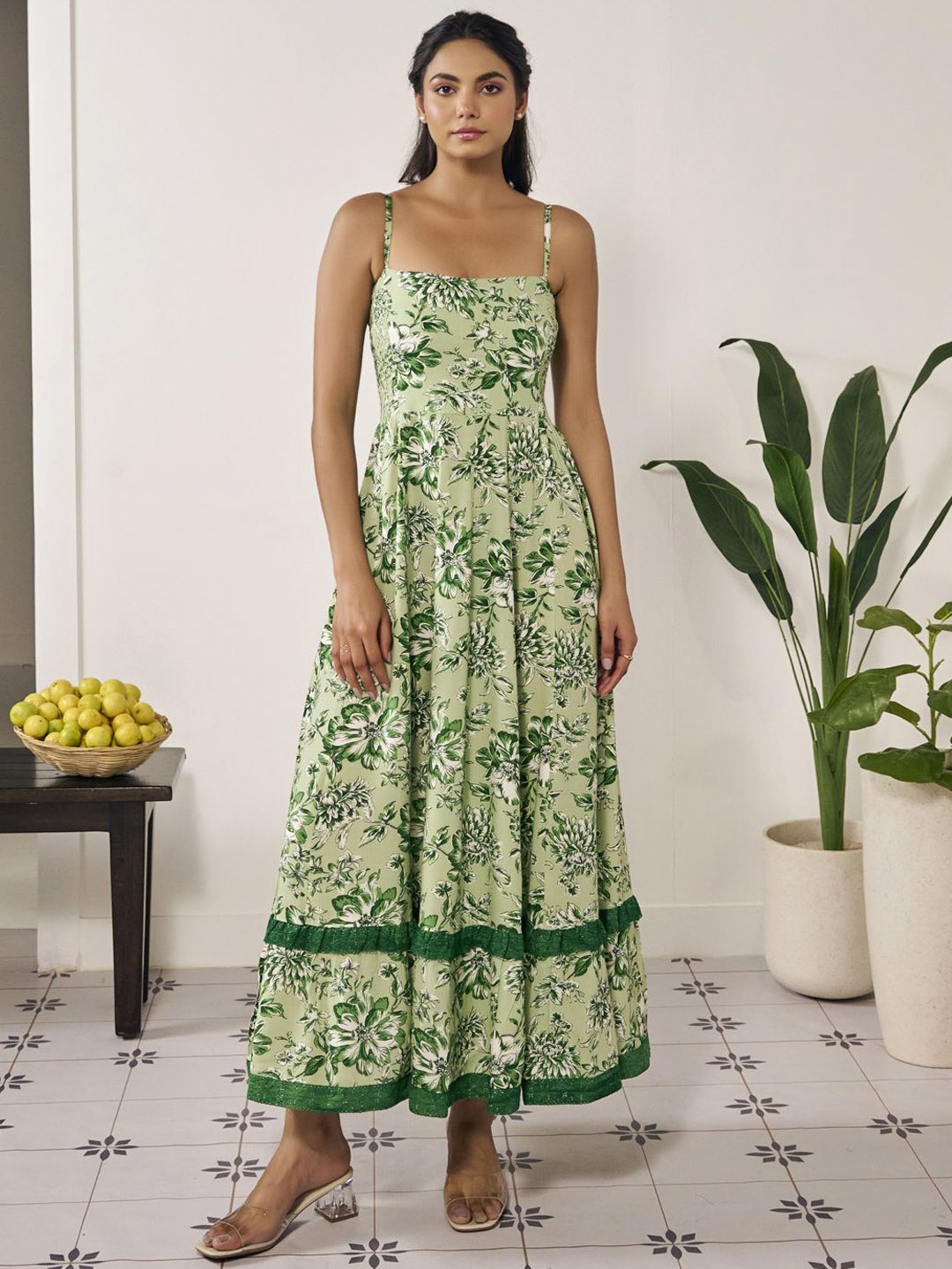 

anayna Printed Flared Maxi Ethnic Dress, Green