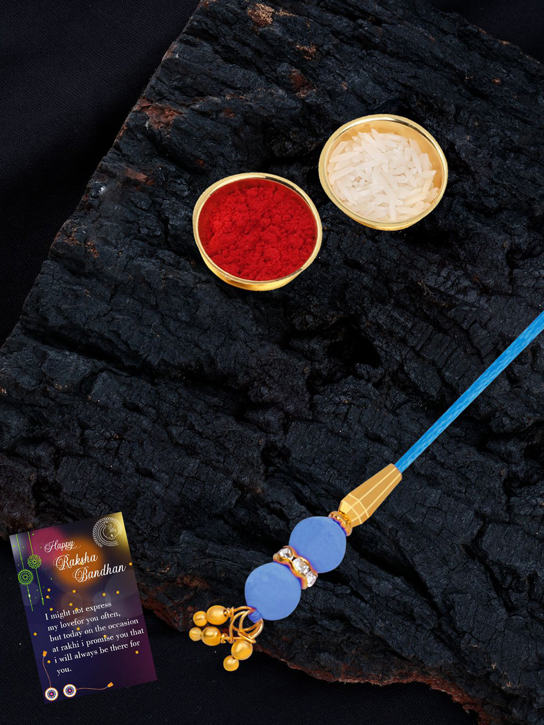 

Silver Shine Set Of 2 Rakhi With Roli Chawal Greeting Card & Pooja Thali, Multi