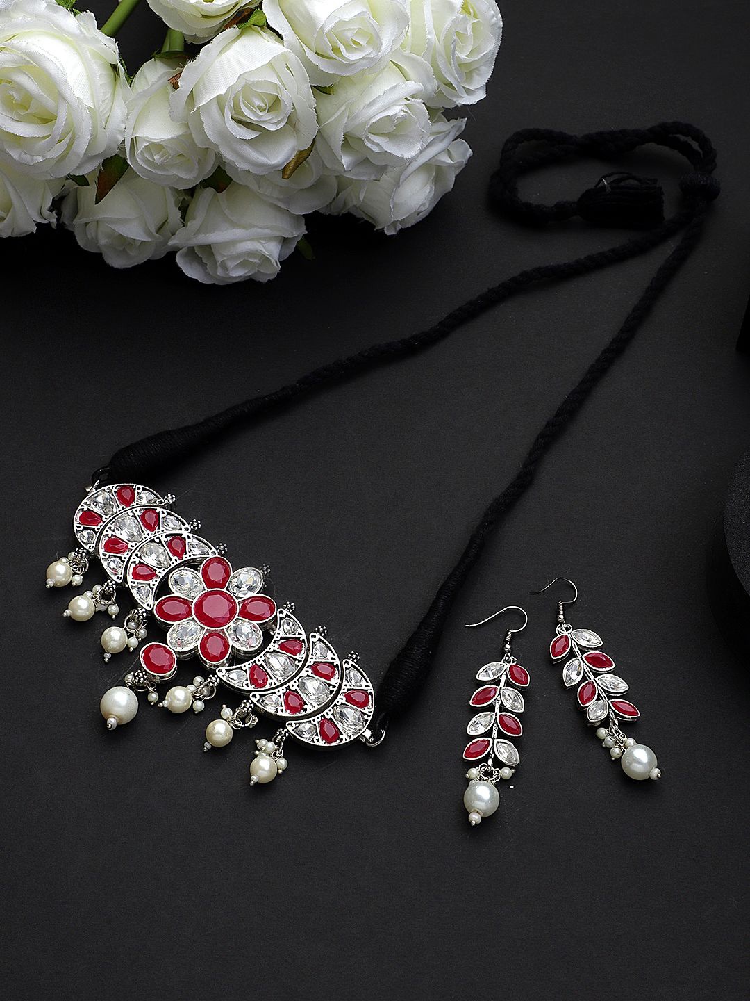 

CARDINAL Silver-Plated Stone Studded Jewellery Set, Red
