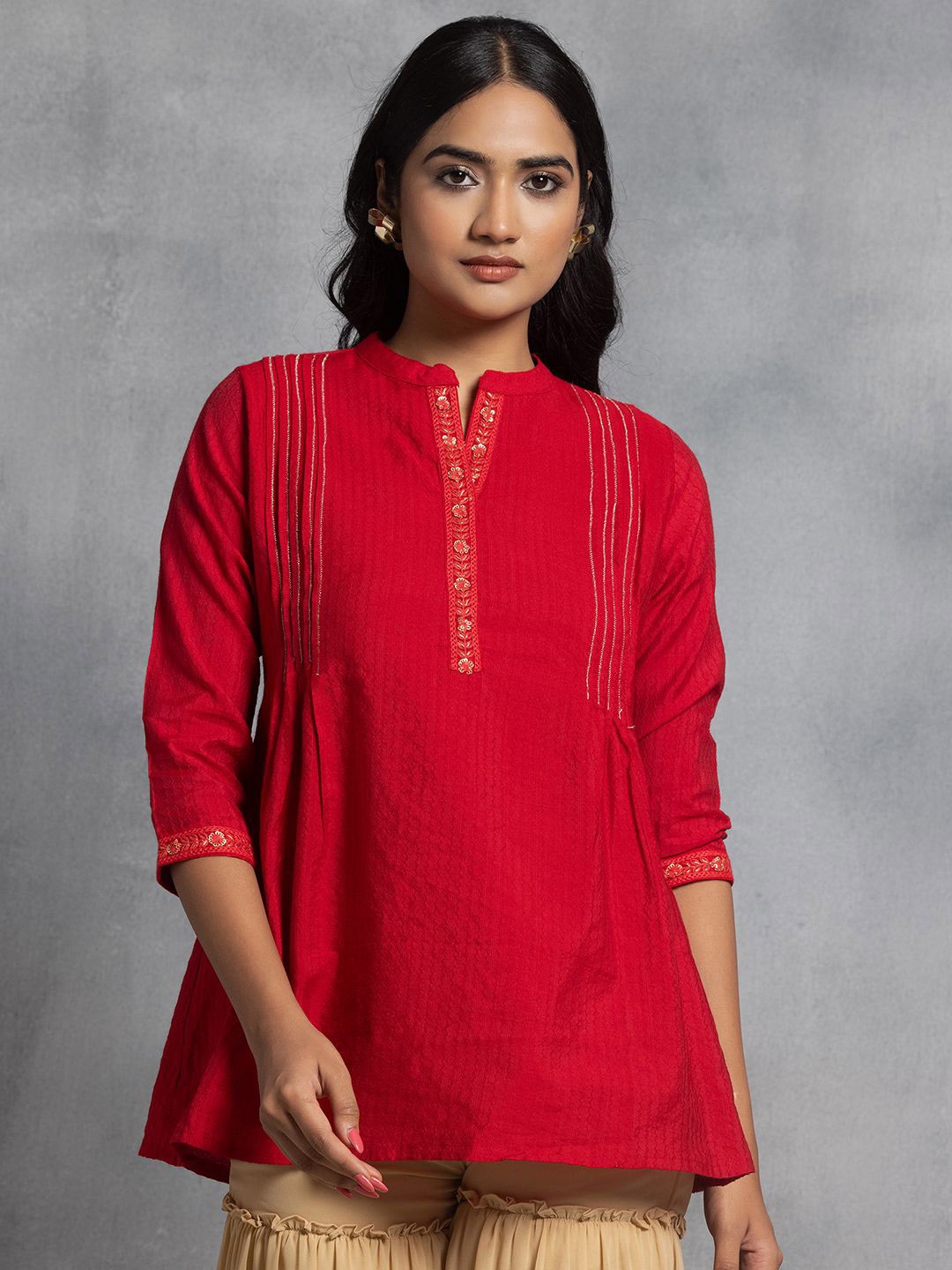 

Rang by Indya Floral Yoke Design Mandarin Collar Sequinned Pure Cotton Straight Kurti, Red