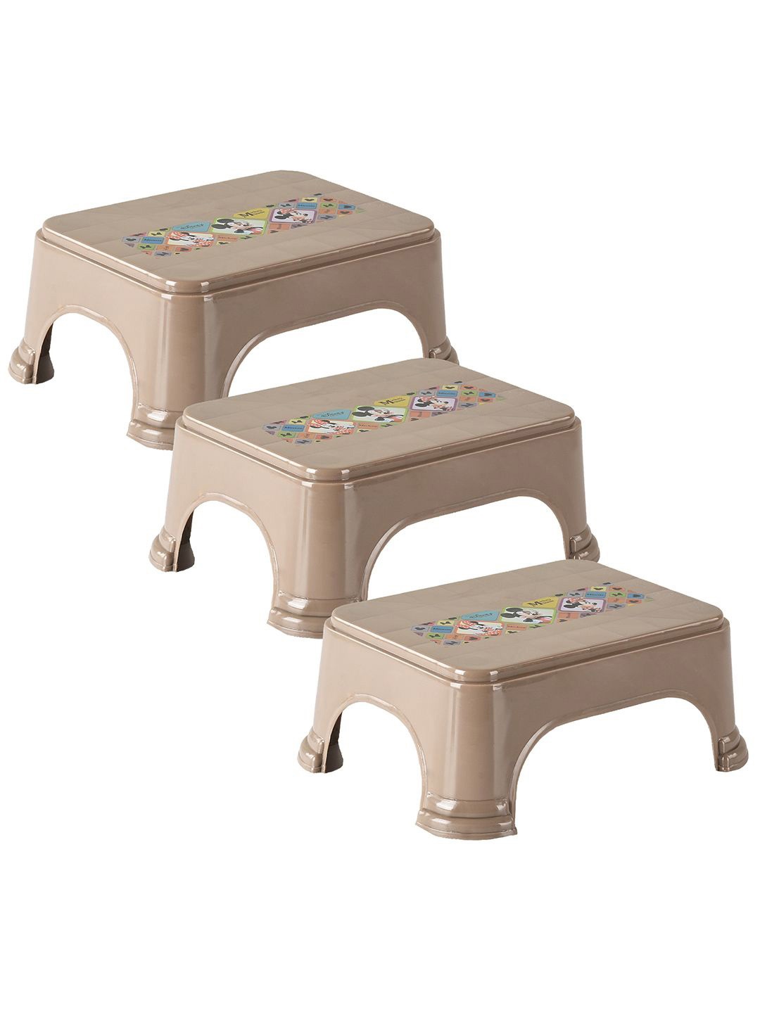 

Kuber Industries 3Pcs Grey Printed Square Shape Plastic Stool, Brown